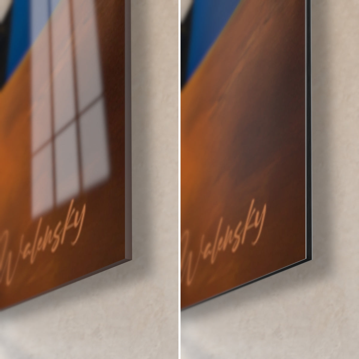 Cuadro arcos naranja quemado y azul noche, esquina inferior derecha: vidrio acrílico brillante que refleja una ventana, Dibond mate, canto fino