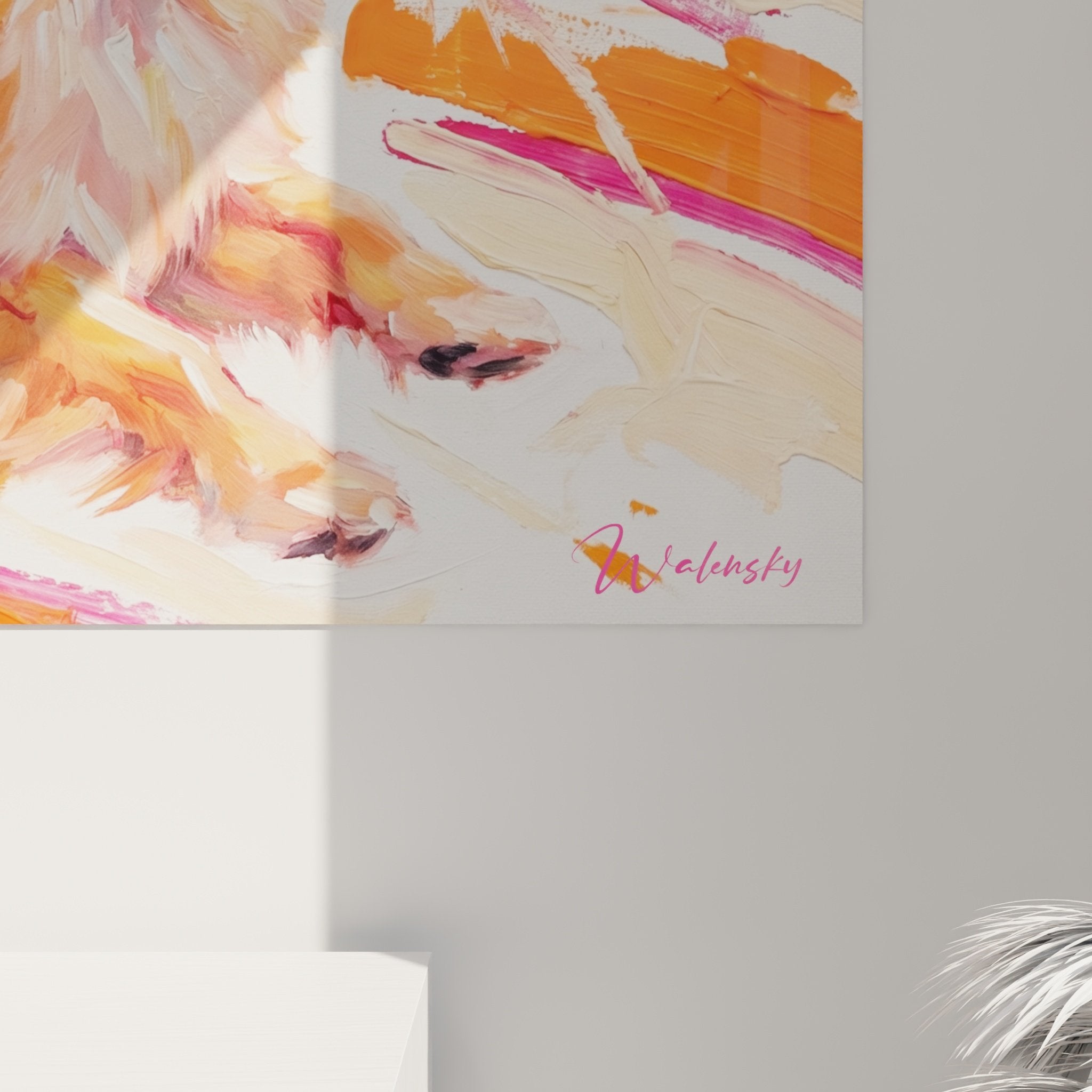 Gesamtansicht Wandbild Spitz Pomeranian dynamische Hundekunst moderne Farbtöne warme Farben