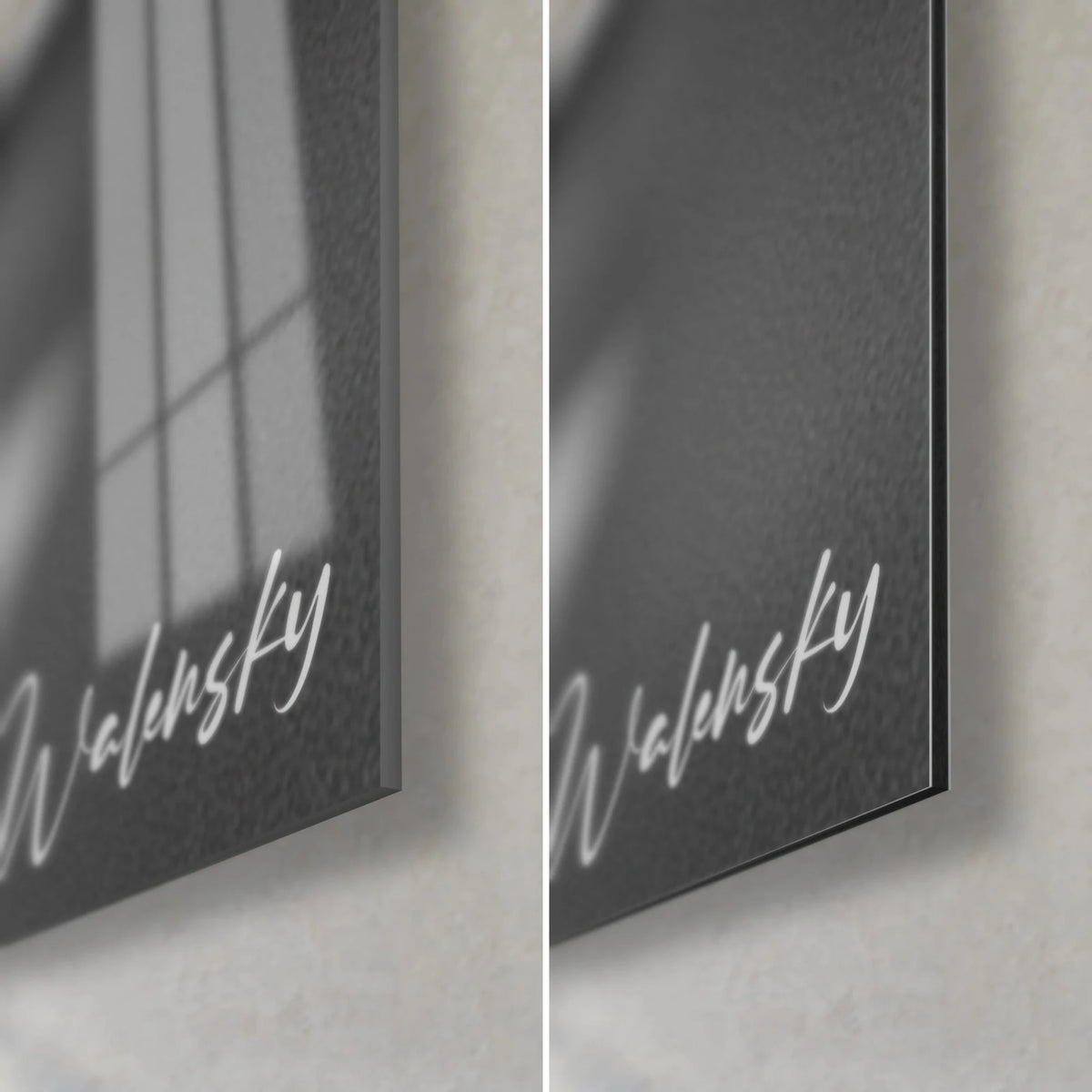 Tableau agrès suspendu, coin bas droit : verre brillant à gauche, alu Dibond mat noir à droite, signature Walensky blanche