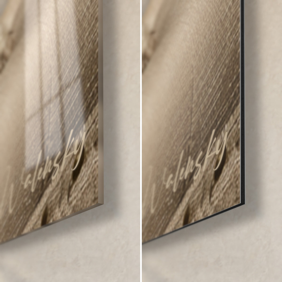 Wall art springer portrait, bottom right corner: glossy acrylic glass on the left, matte beige Dibond aluminium on the right, 3 mm edge