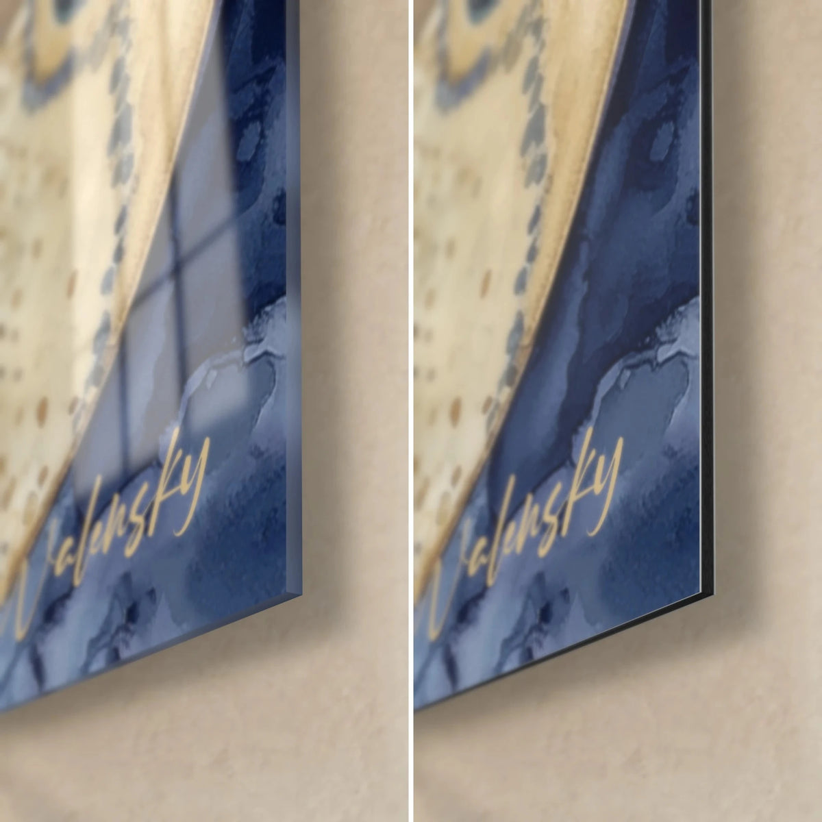 Wall art prehistoric reptile in midnight blue and gold, Walensky signature, bottom right corner in glossy glass and matte Dibond, 3 mm thick
