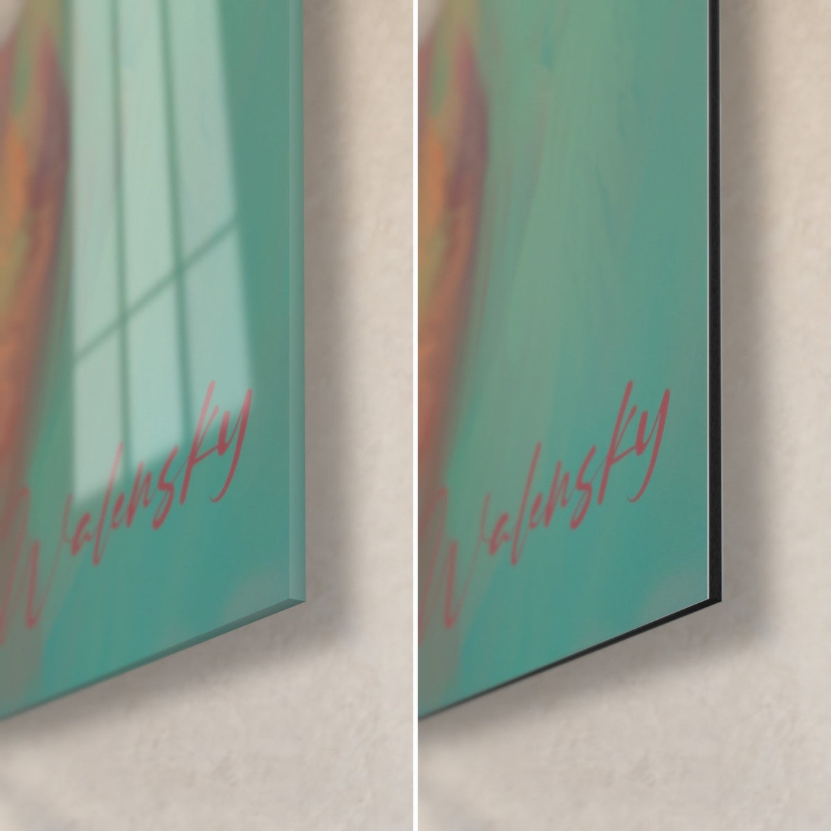 Wall art dachshund portrait, bottom right corner: glossy acrylic glass on the left, matte black Dibond aluminum on the right, turquoise background, 3 mm edge