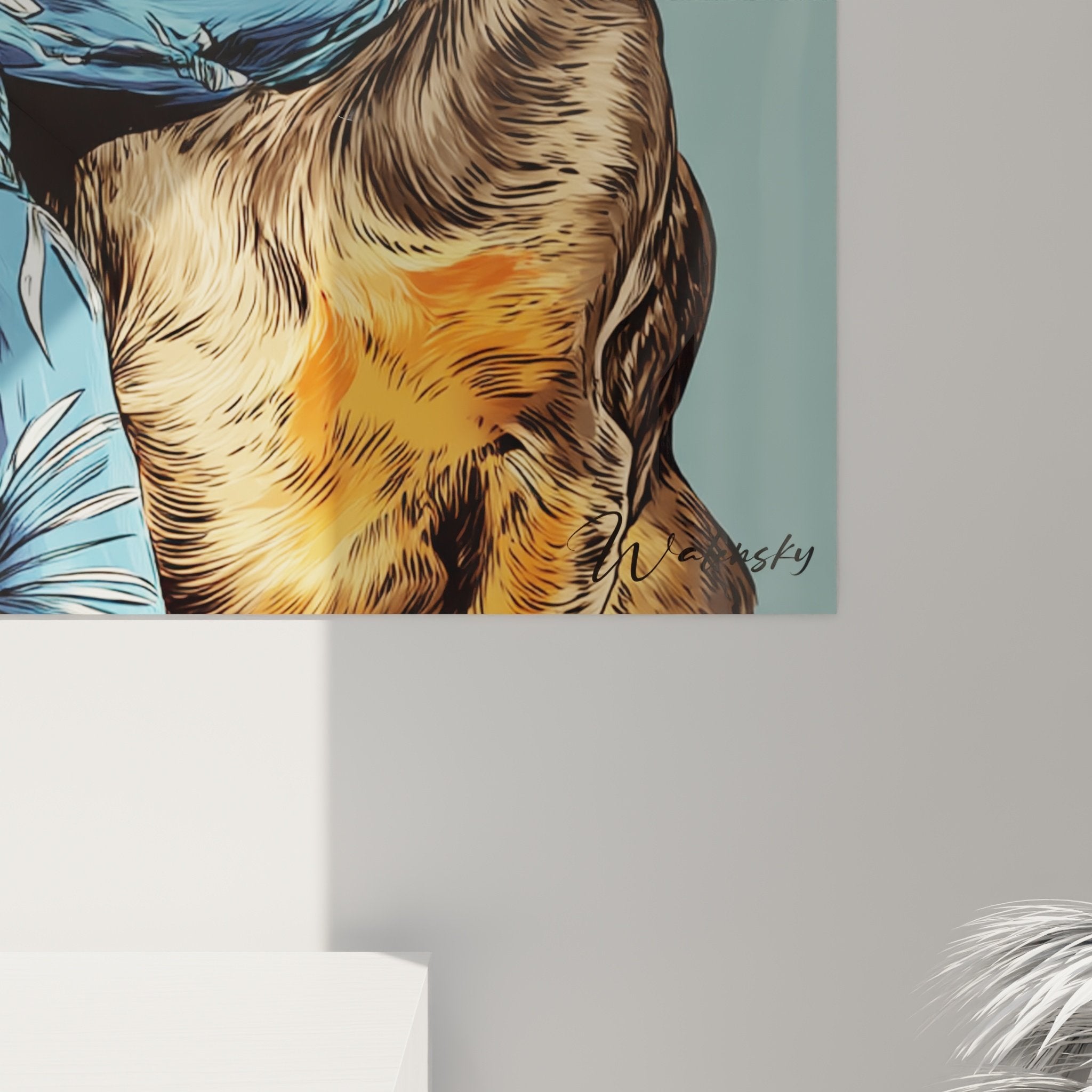 Vue ensemble tableau teckel élégant dans intérieur contemporain, décoration murale originale tons bleus dorés