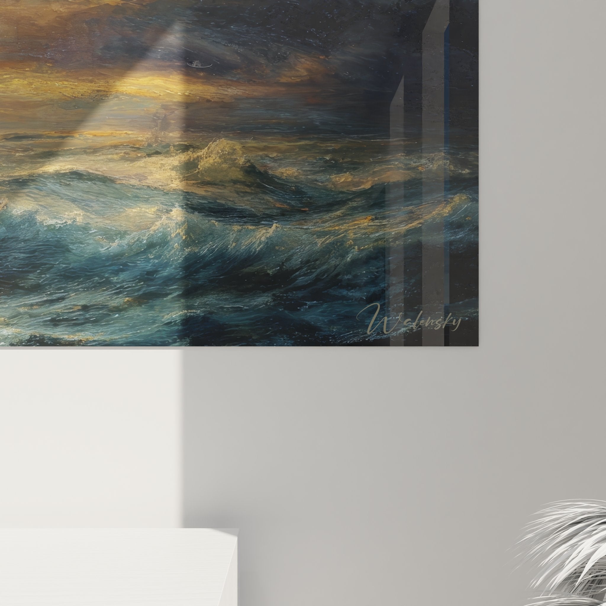 Vue ensemble tableau mural tempête océanique, art décoratif maritime vagues dorées