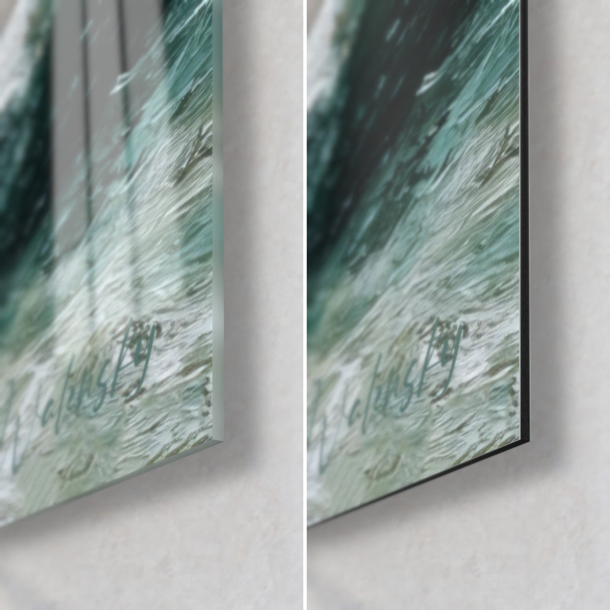 Wall art of a rough sea in oil painting, deep green and white lower right corner, glossy glass on the left, matte Dibond on the right