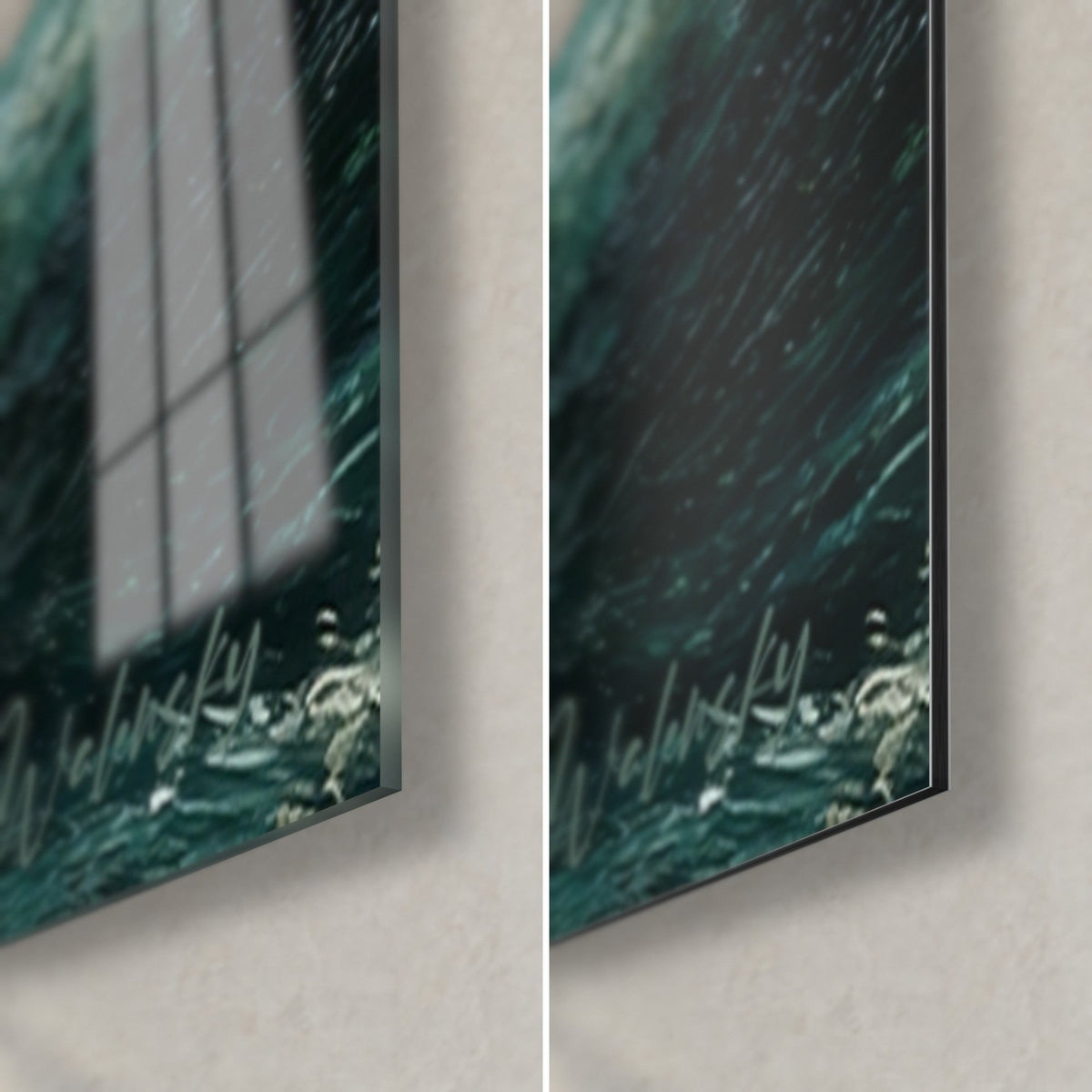 Wall art bottle-green swell with foam touches, bottom right corner: glossy acrylic glass reflecting the window, matte Dibond and 3 mm edge