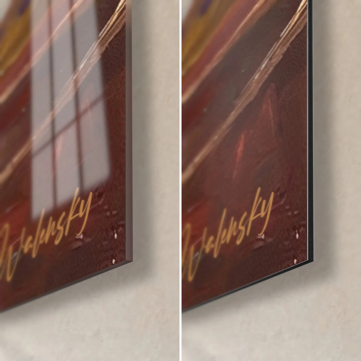 Gemälde eines Basketballplatzes in der Dämmerung, unten rechts goldene Signatur auf bordeauxrotem Grund, glänzendes Glas und mattes Dibond, feiner Rand
