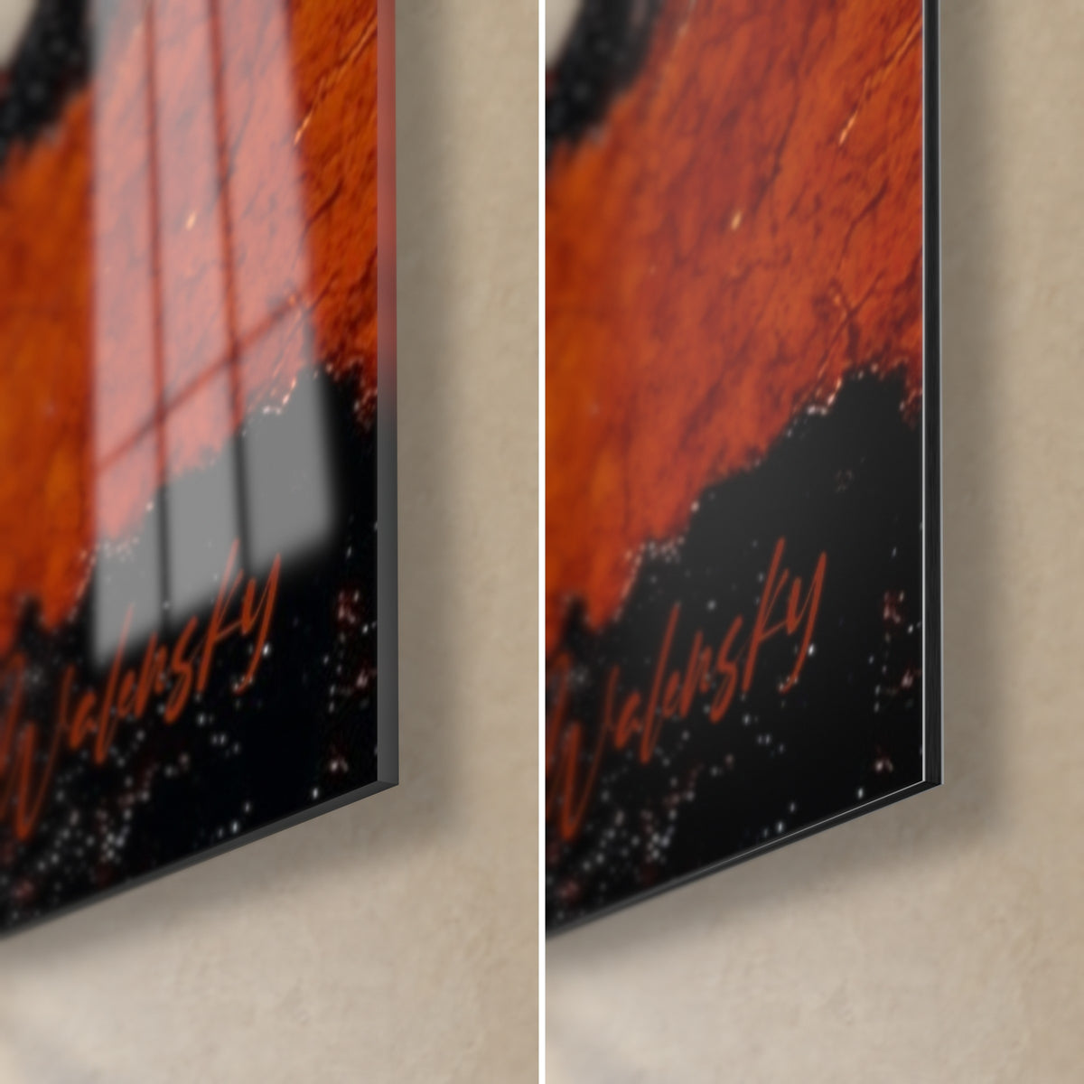 Wall art orange and black mountains, bottom right corner: glossy glass with reflections, matte Dibond aluminium, 3 mm edge