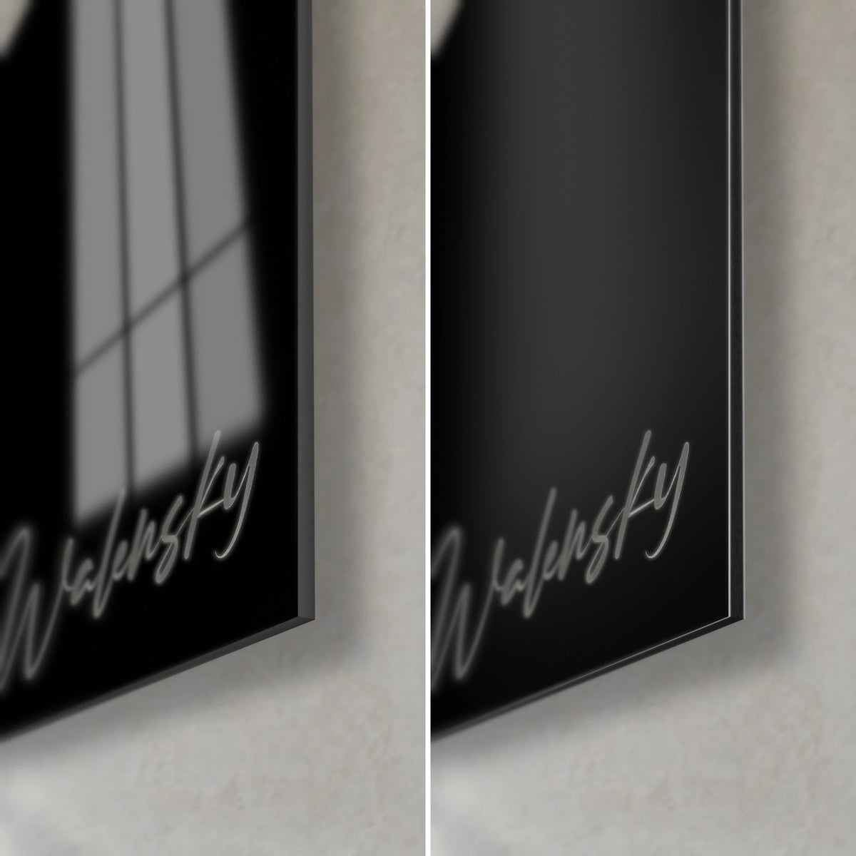 Wall art black and white big cat, bottom right corner: white cursive signature, glossy glass on the left, matte Dibond on the right