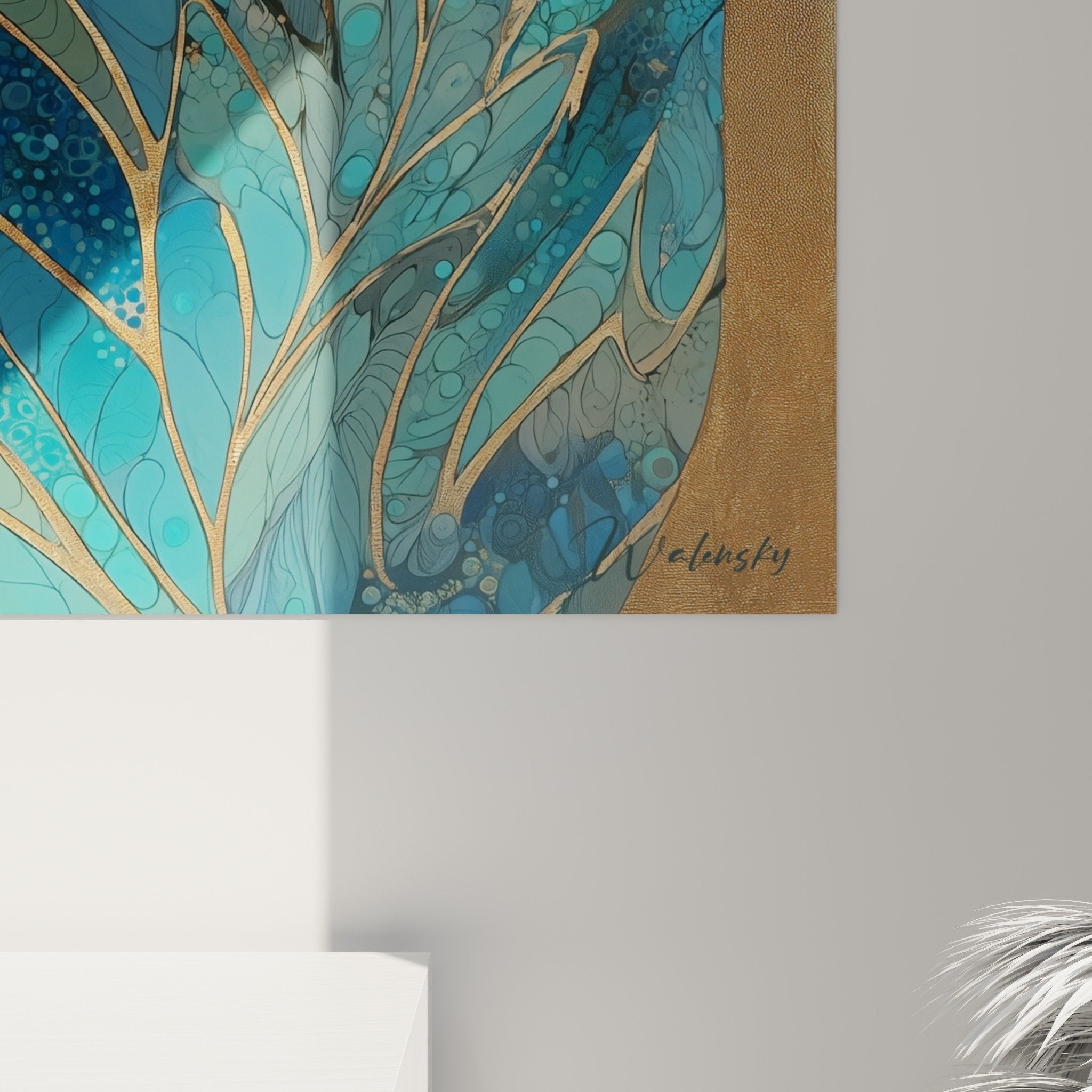 Vue d'ensemble tableau tigre décoratif, palette turquoise et or, style art contemporain animalier