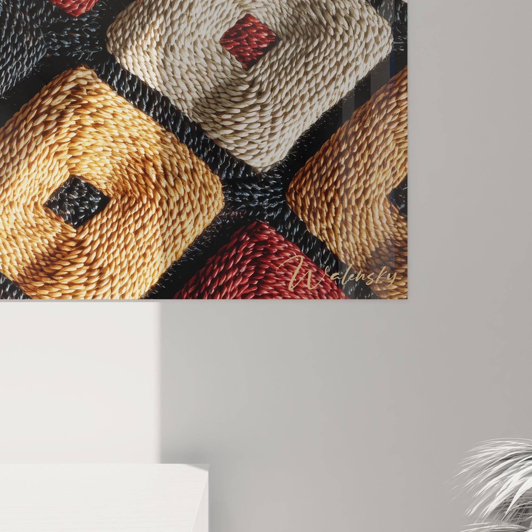 Vue ensemble tableau mural tissu africain motifs géométriques damier coloré