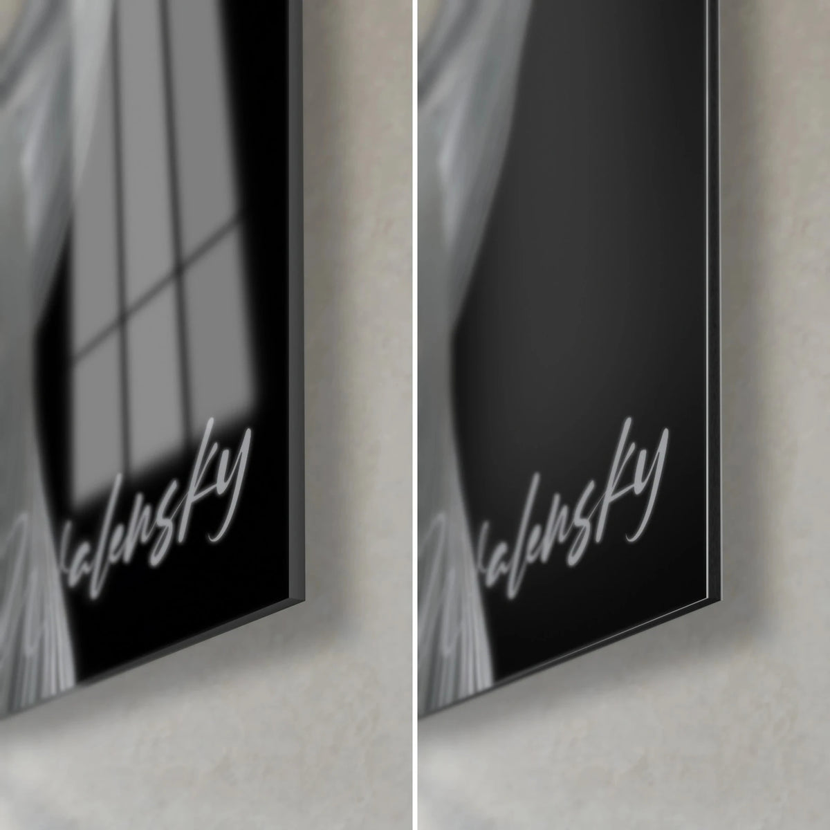Tableau tissu fluide blanc nacré sur fond noir, coin bas droit, verre brillant avec reflets et Dibond mat, tranche de 3 mm