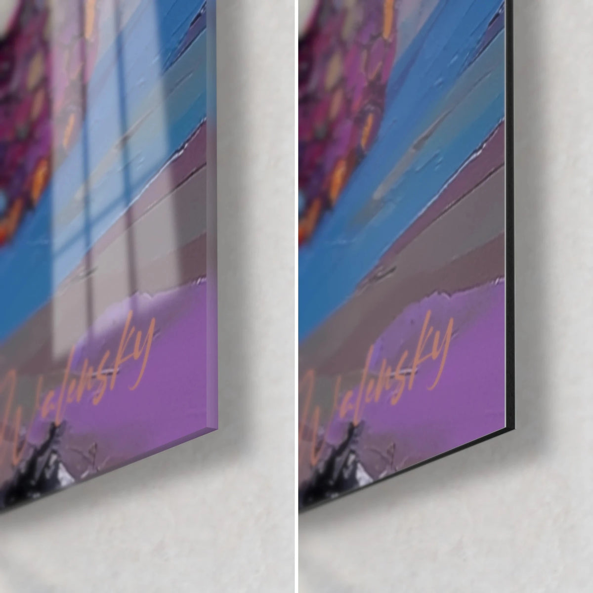 Schilderij van een gepantserd dier, roze gesigneerd, rechtsonder: glanzend acrylglas links, mat zwart Dibond rechts, 3 mm rand