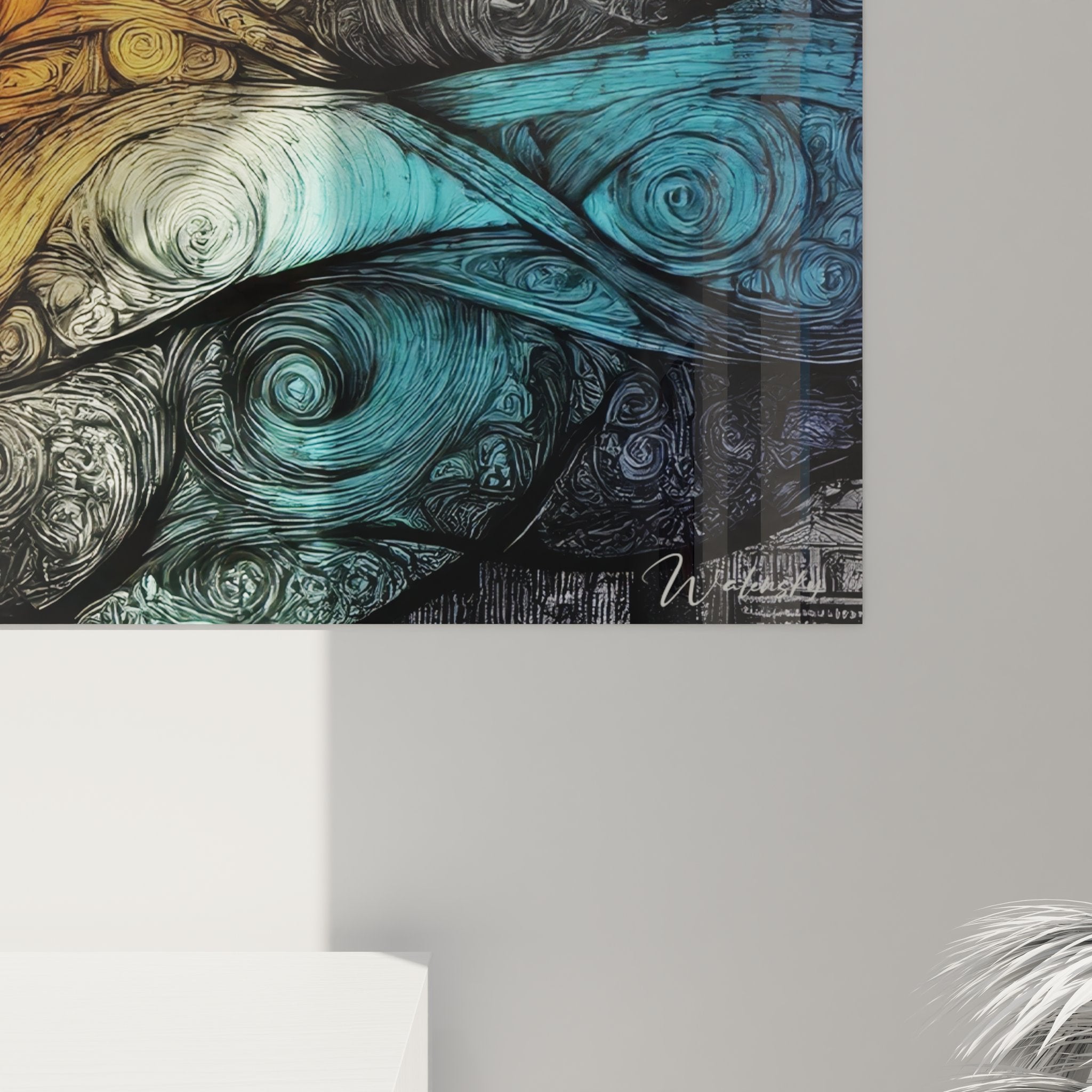 Vue ensemble tableau mural tourbillons célestes dessin avec dégradés dorés turquoise et lune blanche