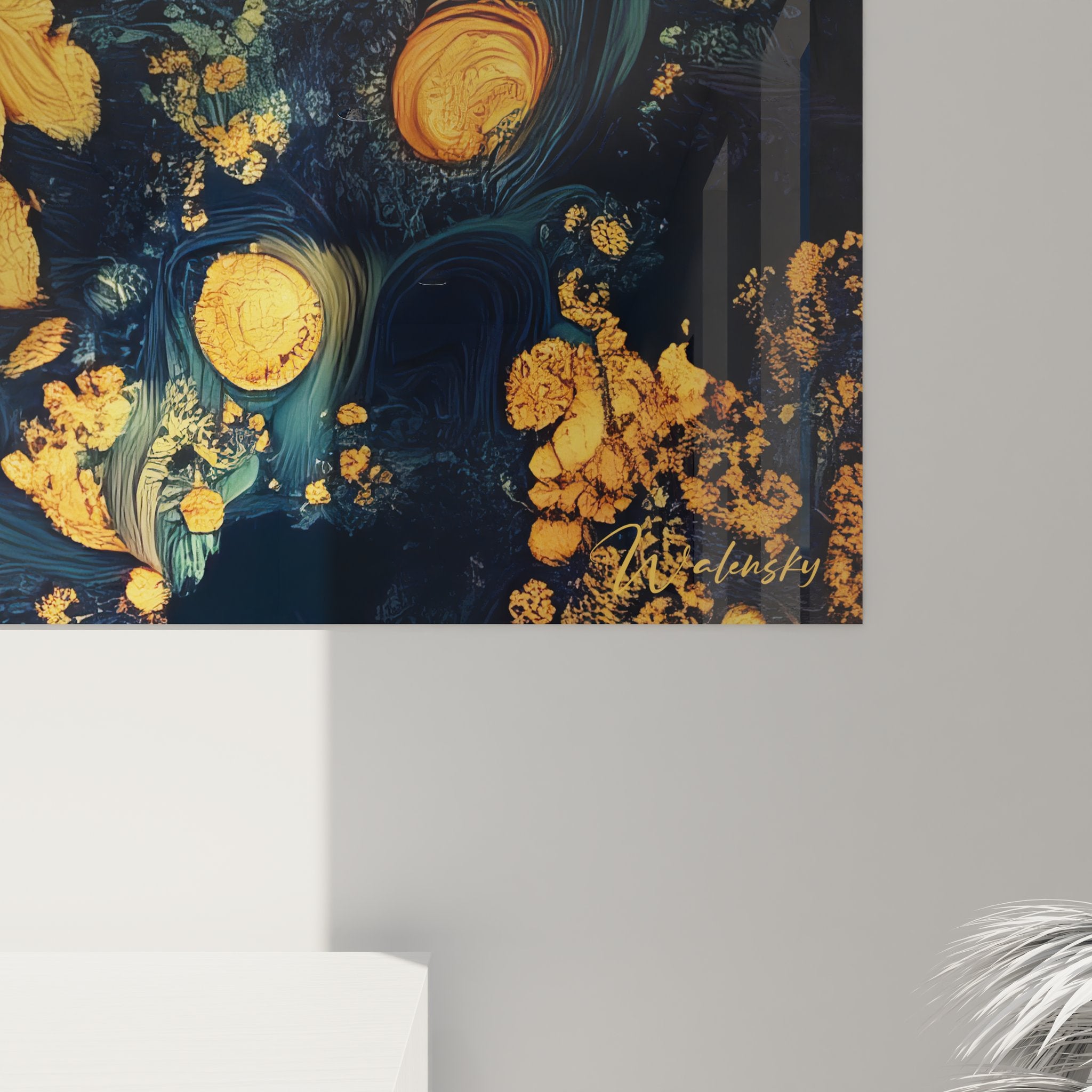 Vue ensemble tableau mural tournesol cosmique fractale avec effets tourbillonnants et étoiles dorées