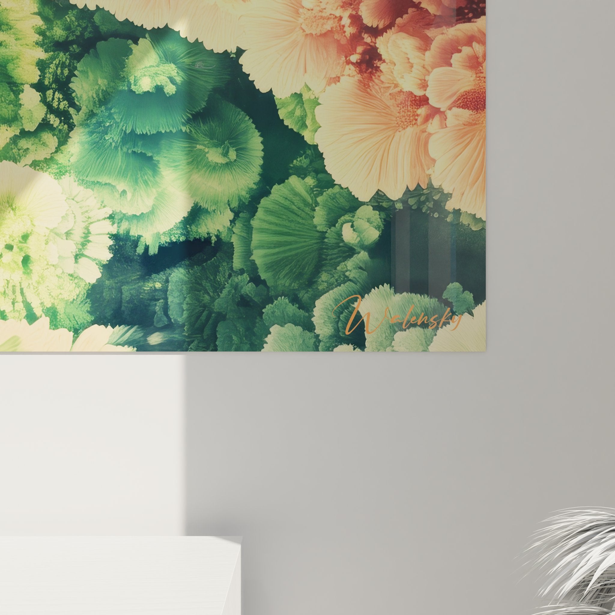 Vue ensemble tableau mural tropical fractale avec composition florale kaléidoscopique symétrique