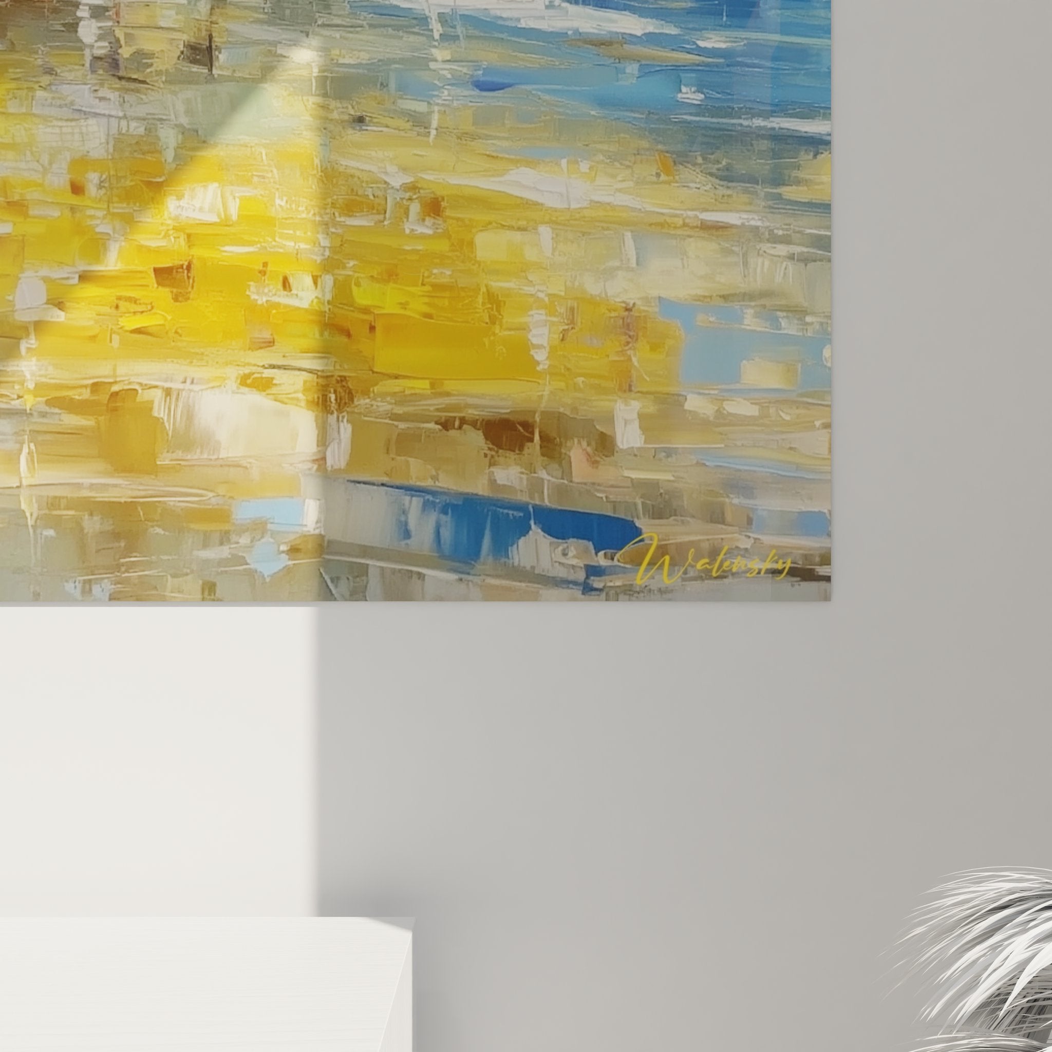 Vue ensemble tableau village tropical palmiers reflets dorés art mural plage paradis