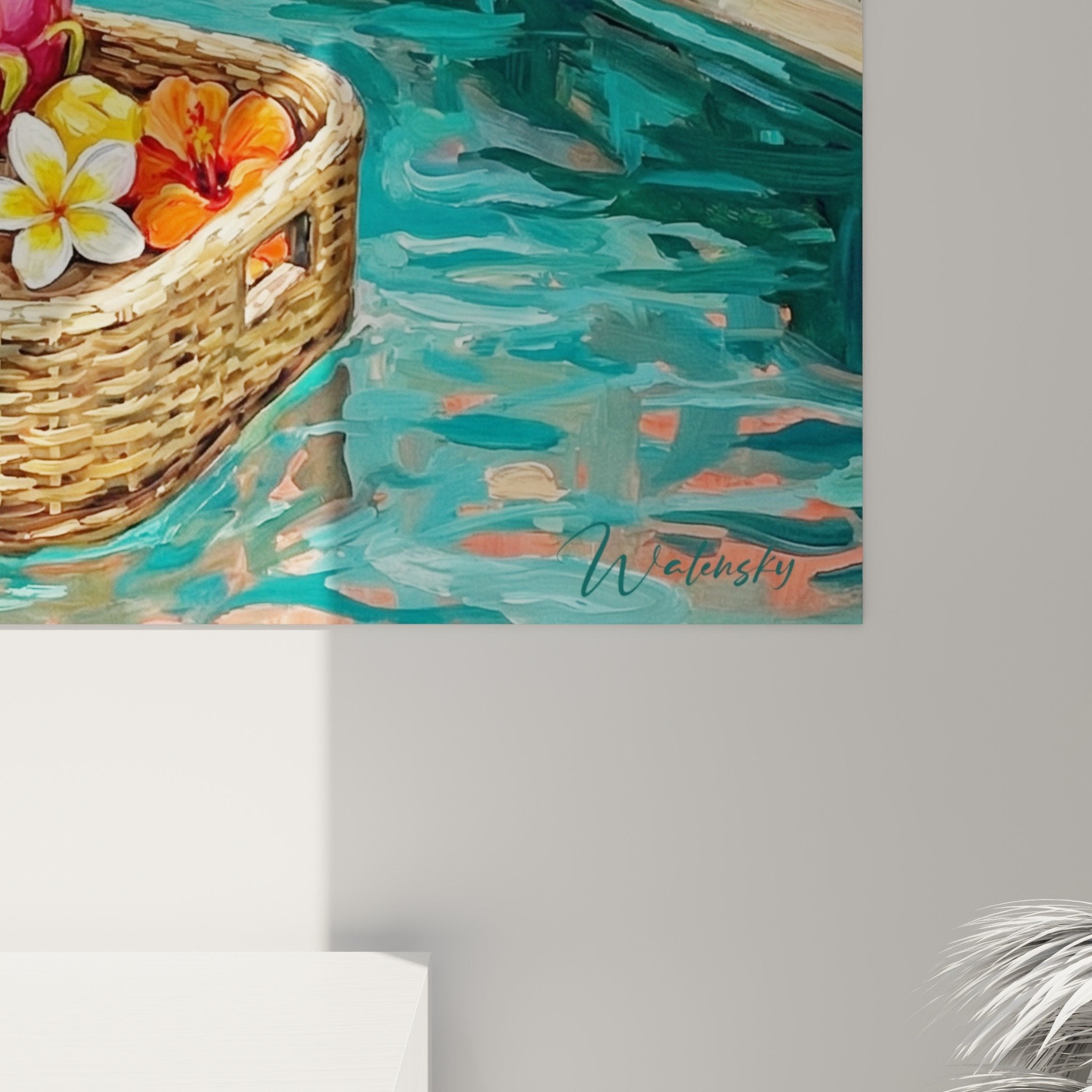 Gesamtansicht tropisches Wandbild Wohnzimmer Dekoration exotische Früchte Blumen Swimmingpool Türkis Bali