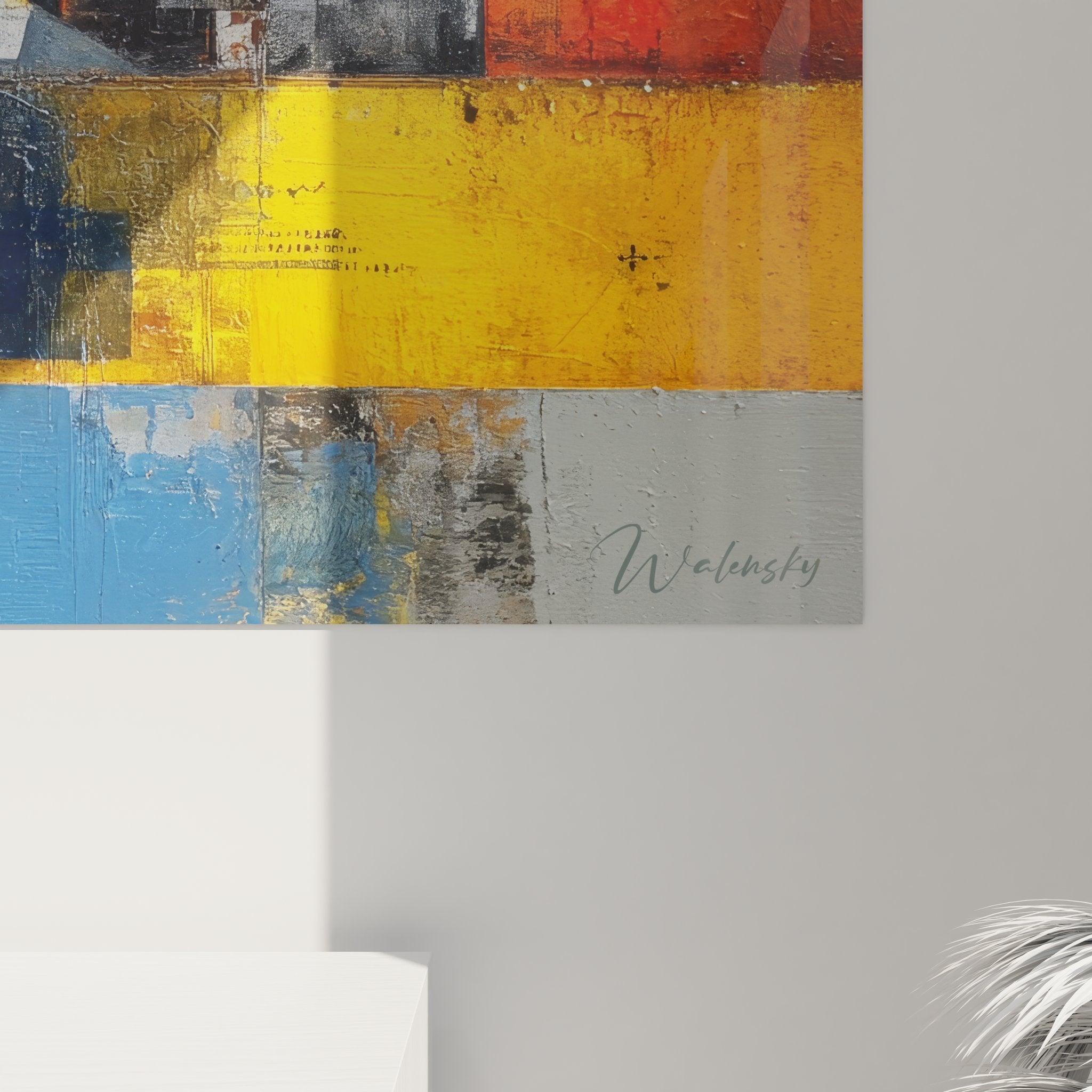 Vue d'ensemble tableau abstrait industriel composition urbaine tons jaunes bleus