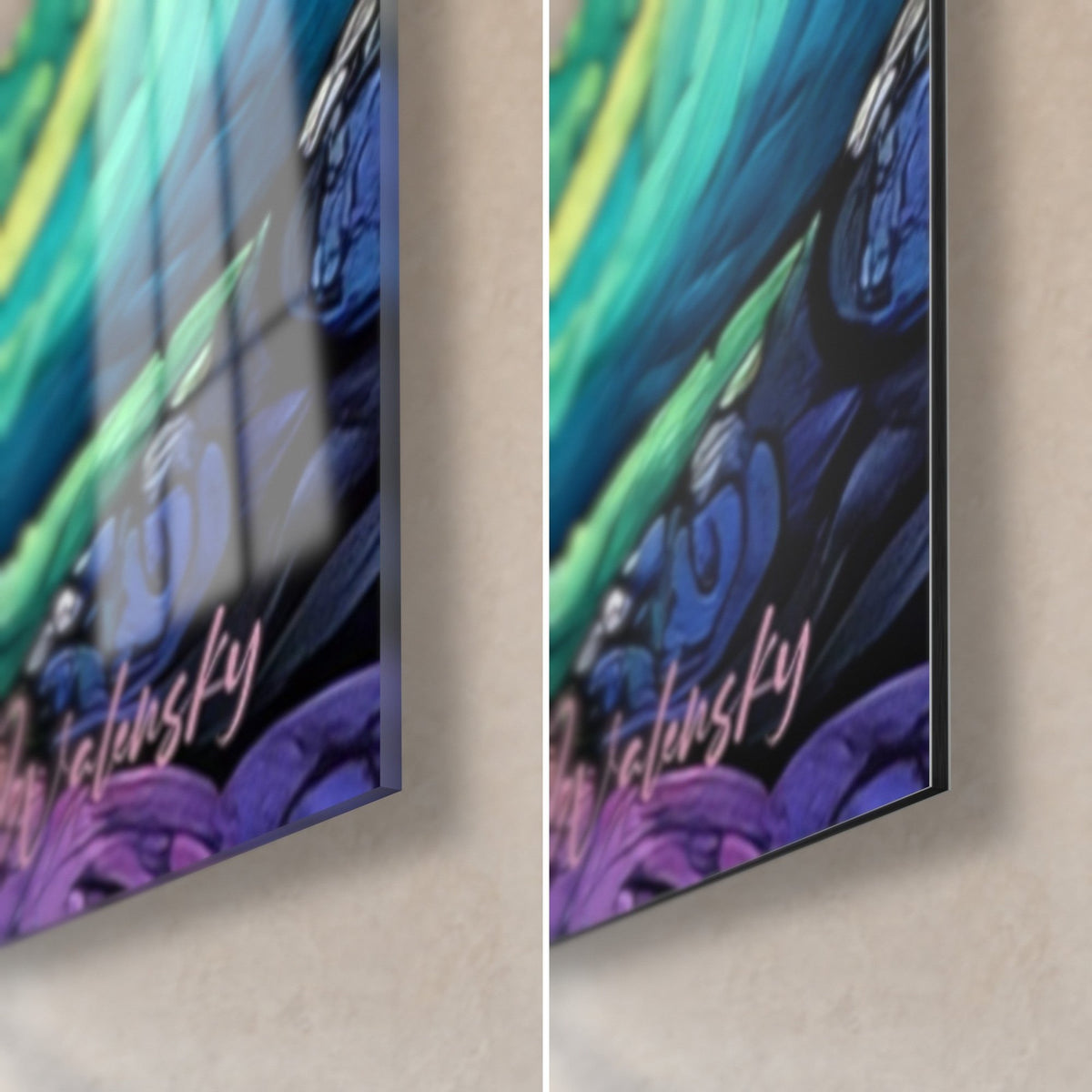 Wall art Stylised ocean in a spiral, bottom right corner: glossy acrylic glass with reflections and matte Dibond aluminium, blue and purple