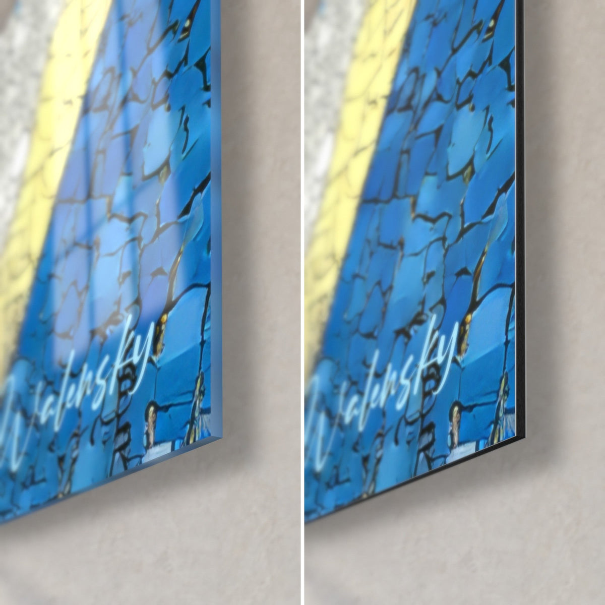 Wall art of an ocean wave, bottom right corner: cobalt blue and pale yellow tesserae, Walensky signature, glossy glass and matte Dibond, 3 mm edge