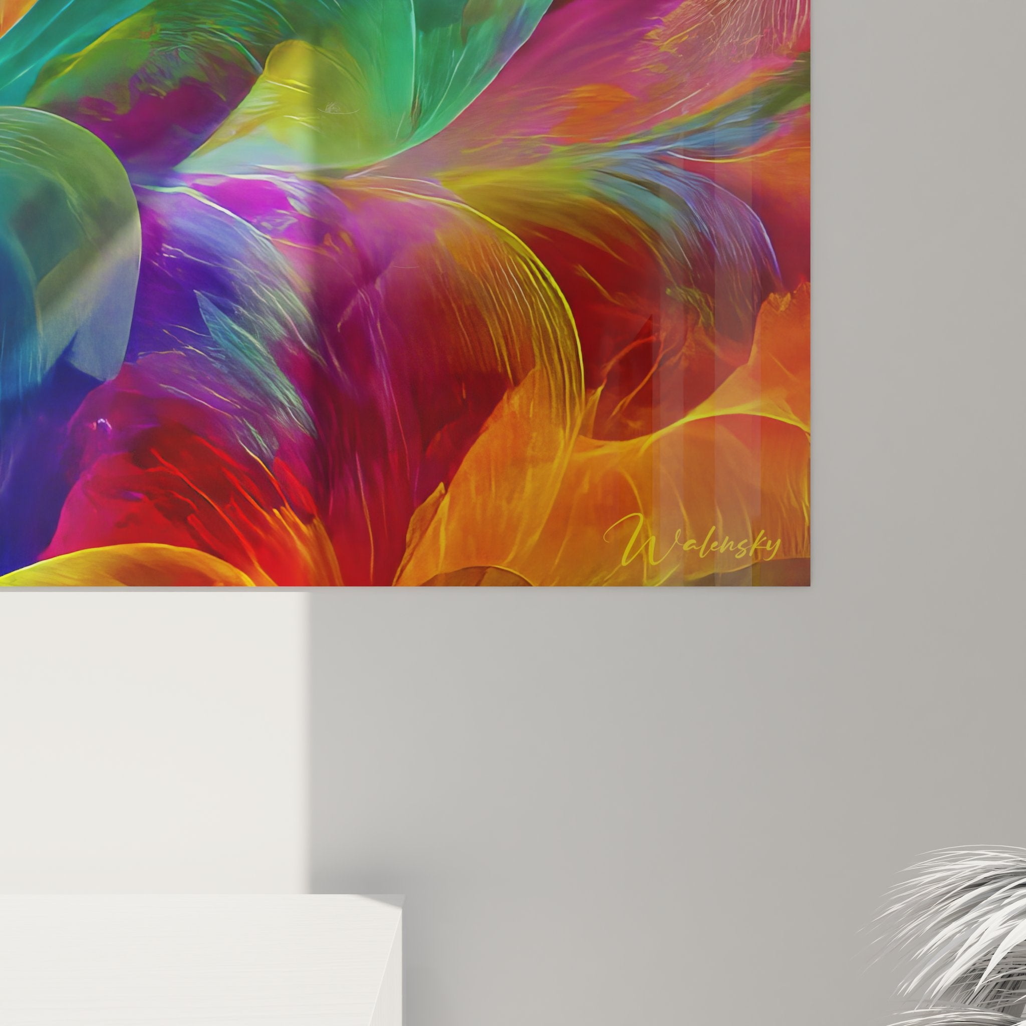 Vue d'ensemble tableau mural vagues abstraites colorées, composition géométrique fluide complète