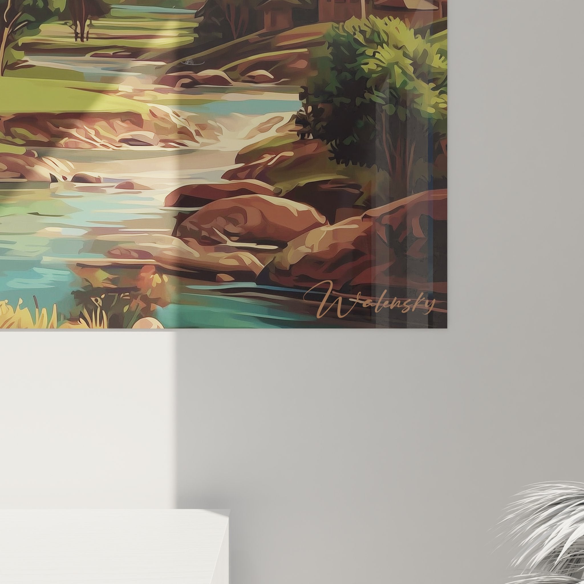 Vue ensemble tableau vallée montagnarde avec chalet - œuvre art alpin décoratif