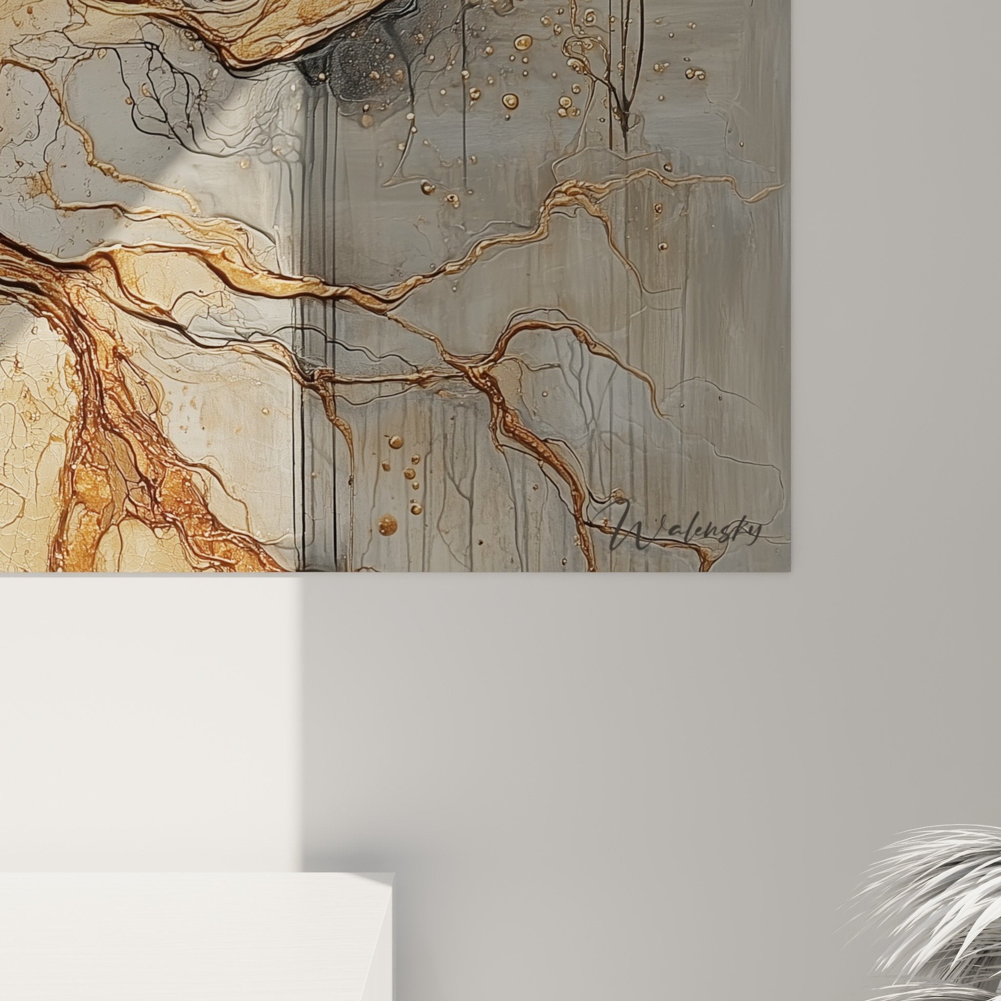 Overall view abstract painting with organic golden veins wall decoration feng shui northeast earth