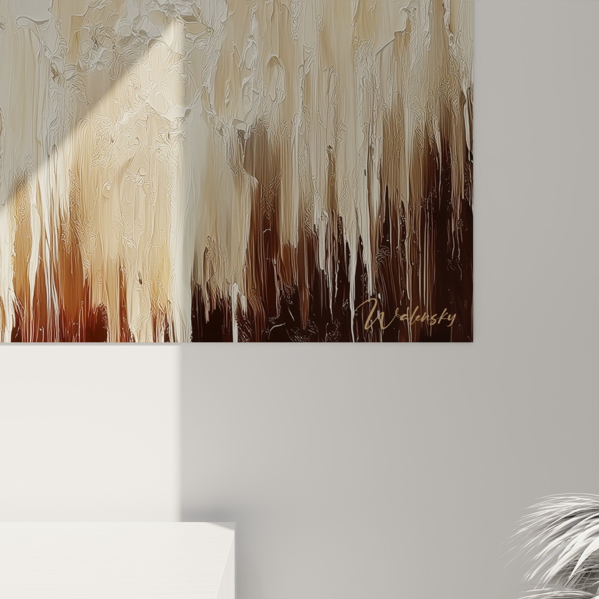 Vue d'ensemble tableau abstrait vertical flammes terre, format panoramique style Feng shui Centre Terre