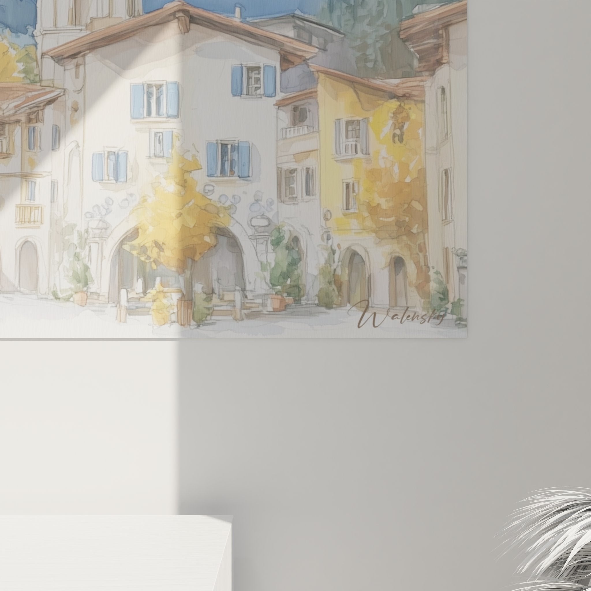 Vue ensemble tableau village alpin montagnes enneigées décoration murale montagne