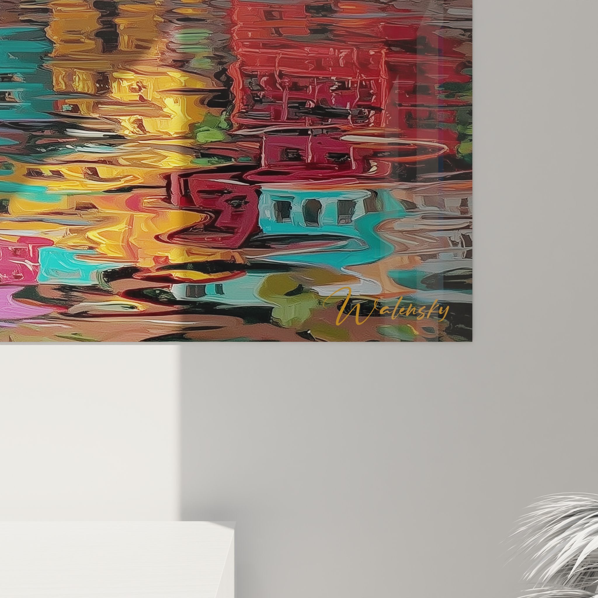 Vue ensemble tableau mural village côtier, composition artistique complète