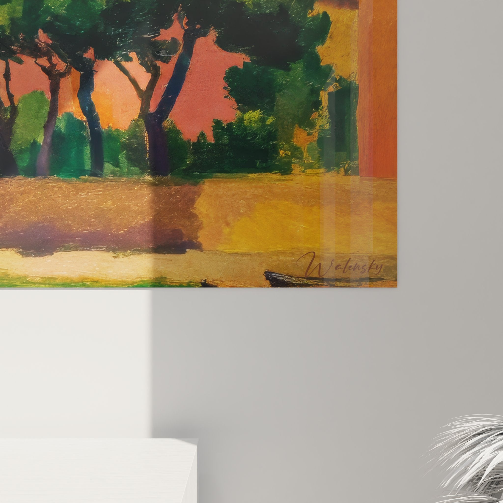 Vue ensemble tableau village côtier méditerranéen aux couleurs vives et lumineuses