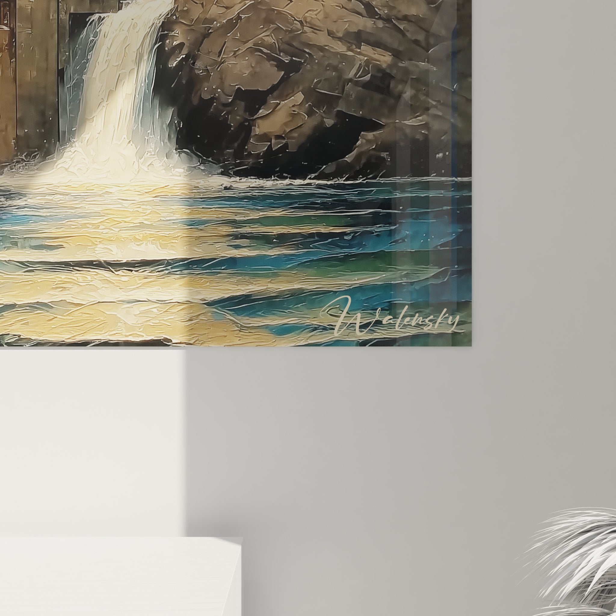 Vue ensemble tableau décoratif village falaise coloré style art méditerranéen