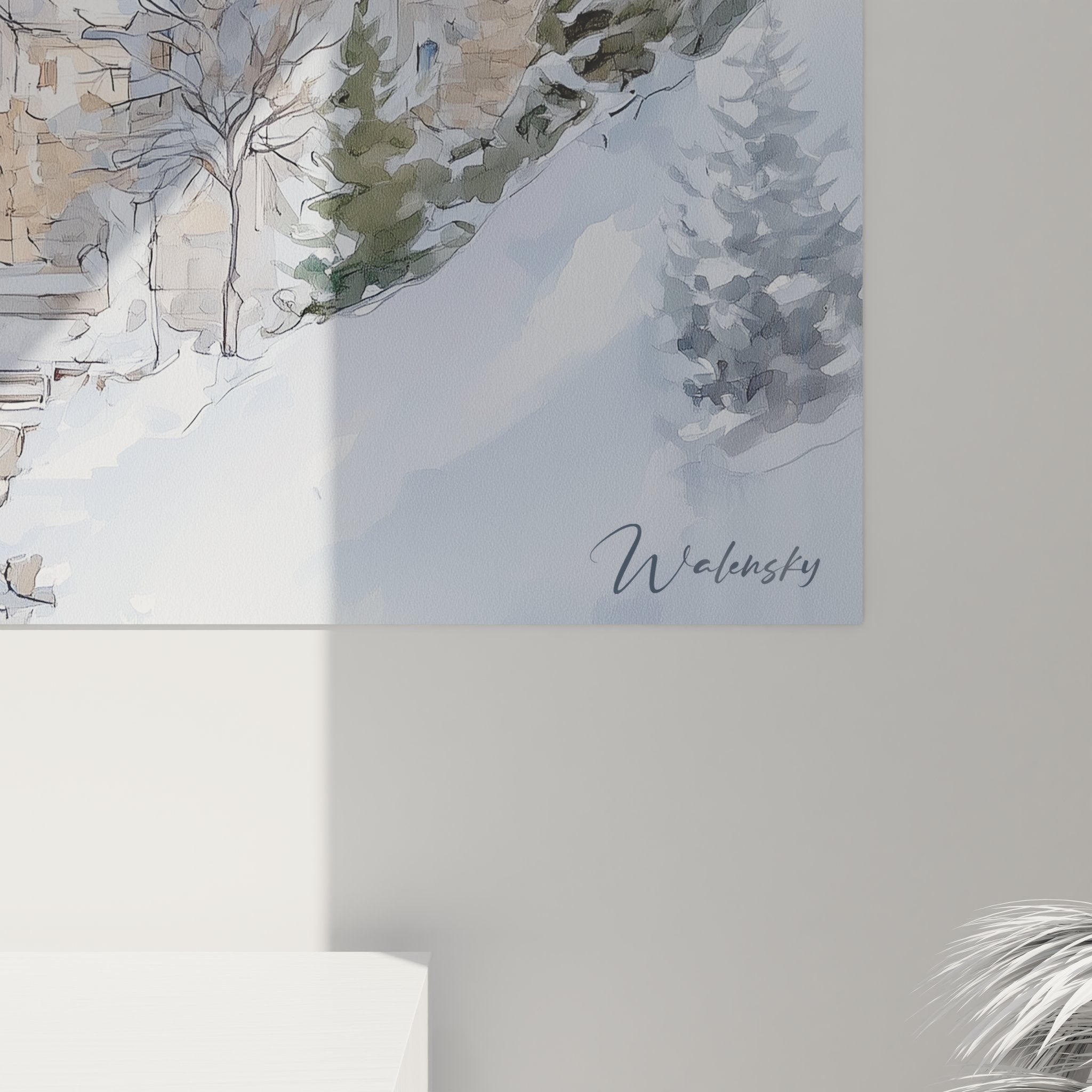 Vue d'ensemble tableau mural village montagne avec chalets alpins sous la neige