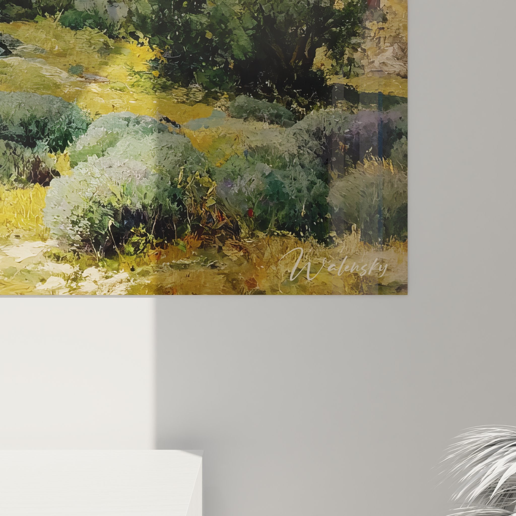 Vue ensemble tableau mural village provence avec cyprès et architecture traditionnelle campagne française