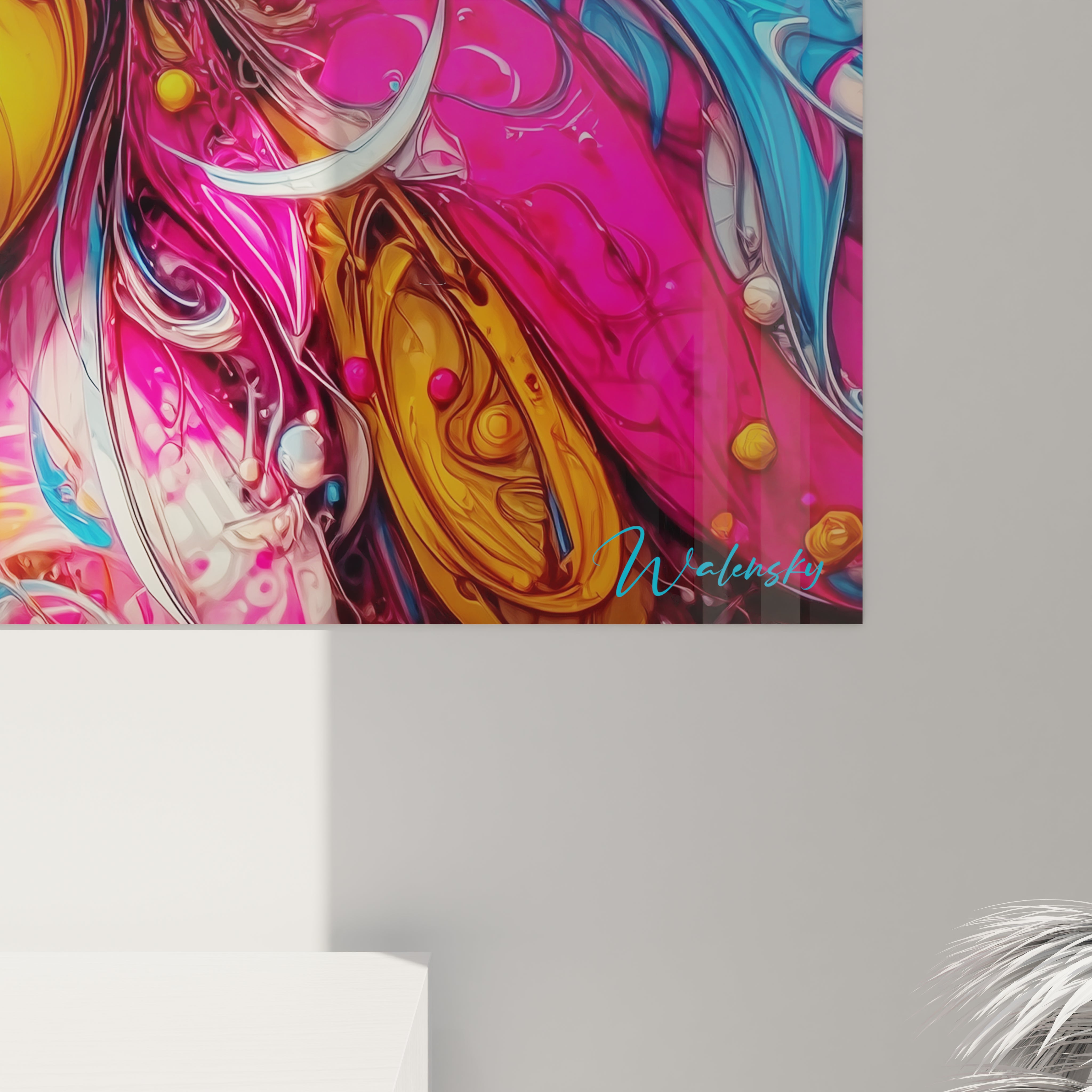 Vue ensemble tableau mural visage abstrait art contemporain couleurs en folie déco moderne