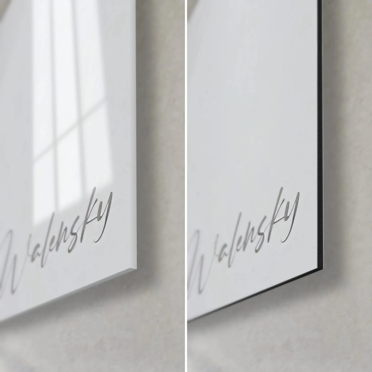 Gemälde fließendes Gesicht, untere rechte Ecke: glänzendes Acrylglas mit Reflexen links, mattweißes Alu-Dibond, schwarze Kante