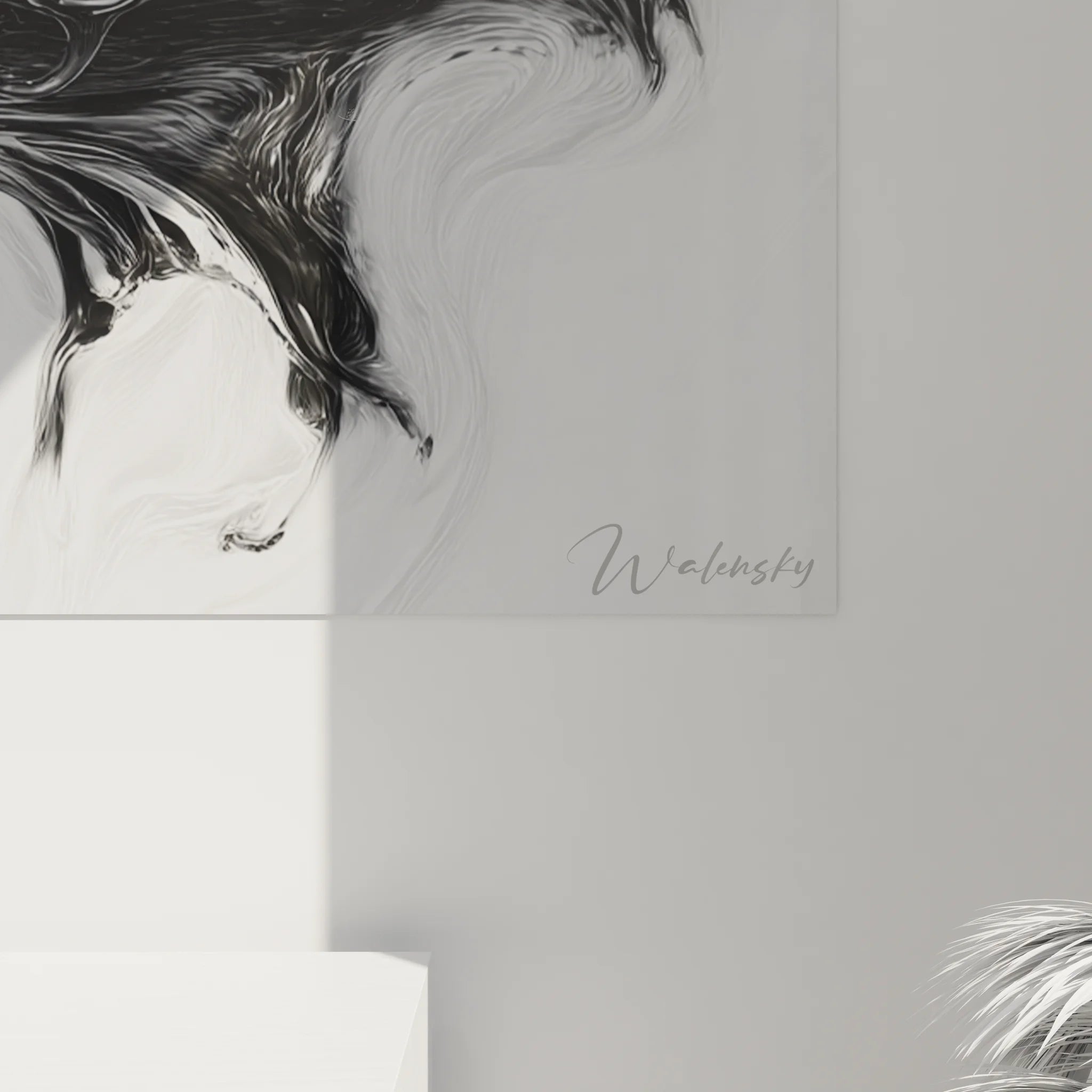 Vue ensemble tableau décoratif visage féminin formes liquides art moderne noir blanc