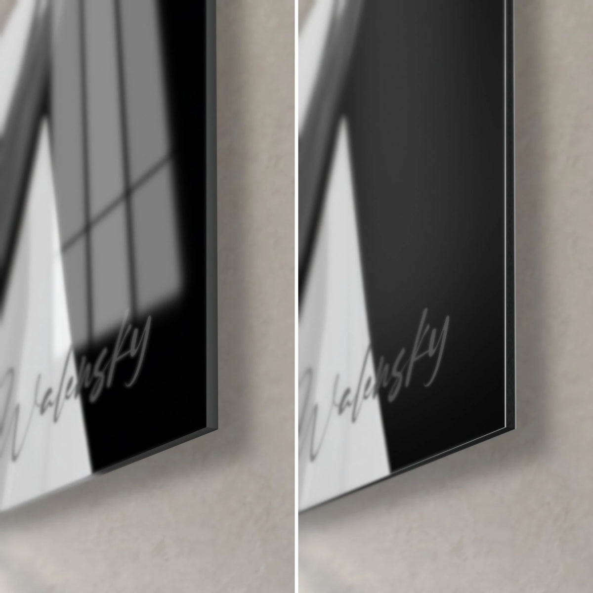 Wall art female face with black lashes, bottom right corner in glossy glass reflecting light, and matte grey Dibond aluminium