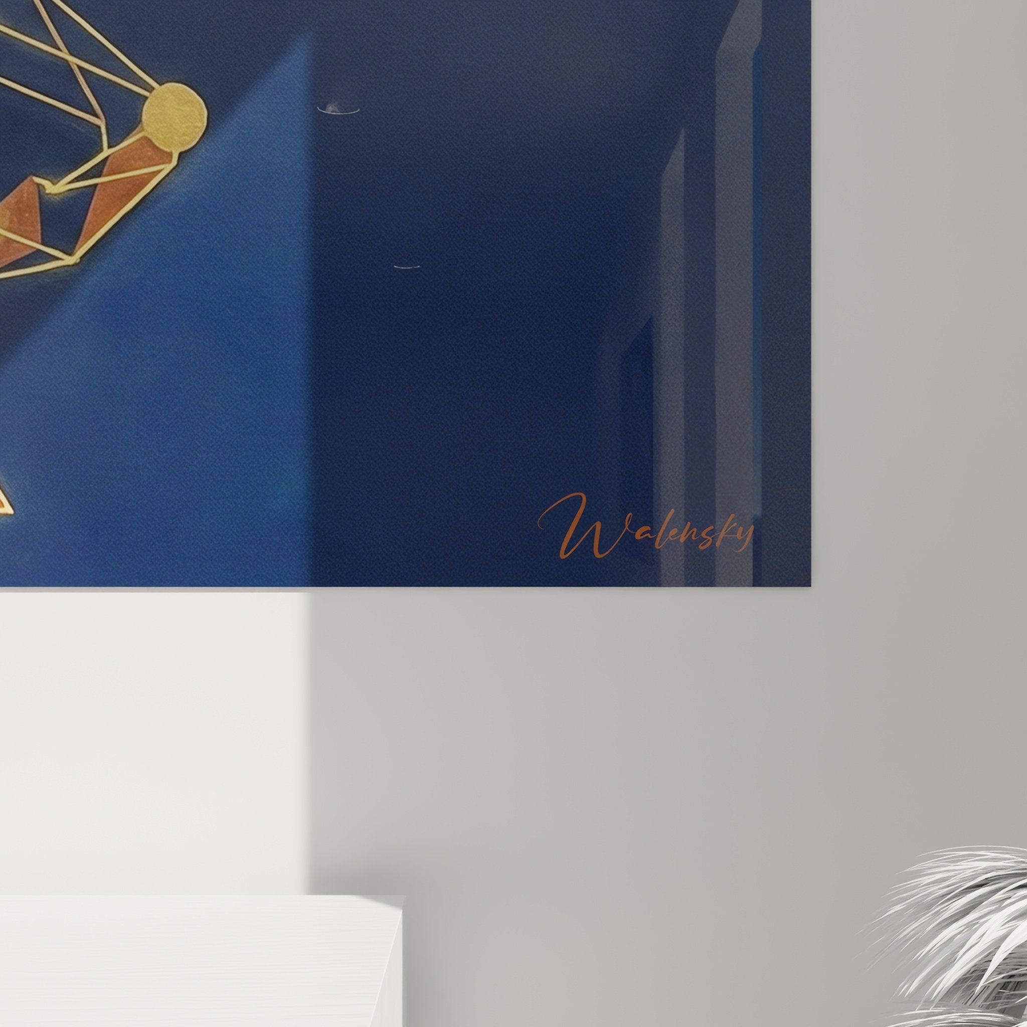 Vue d'ensemble tableau Vizsla polygonal dans intérieur contemporain murs neutres décoration moderne