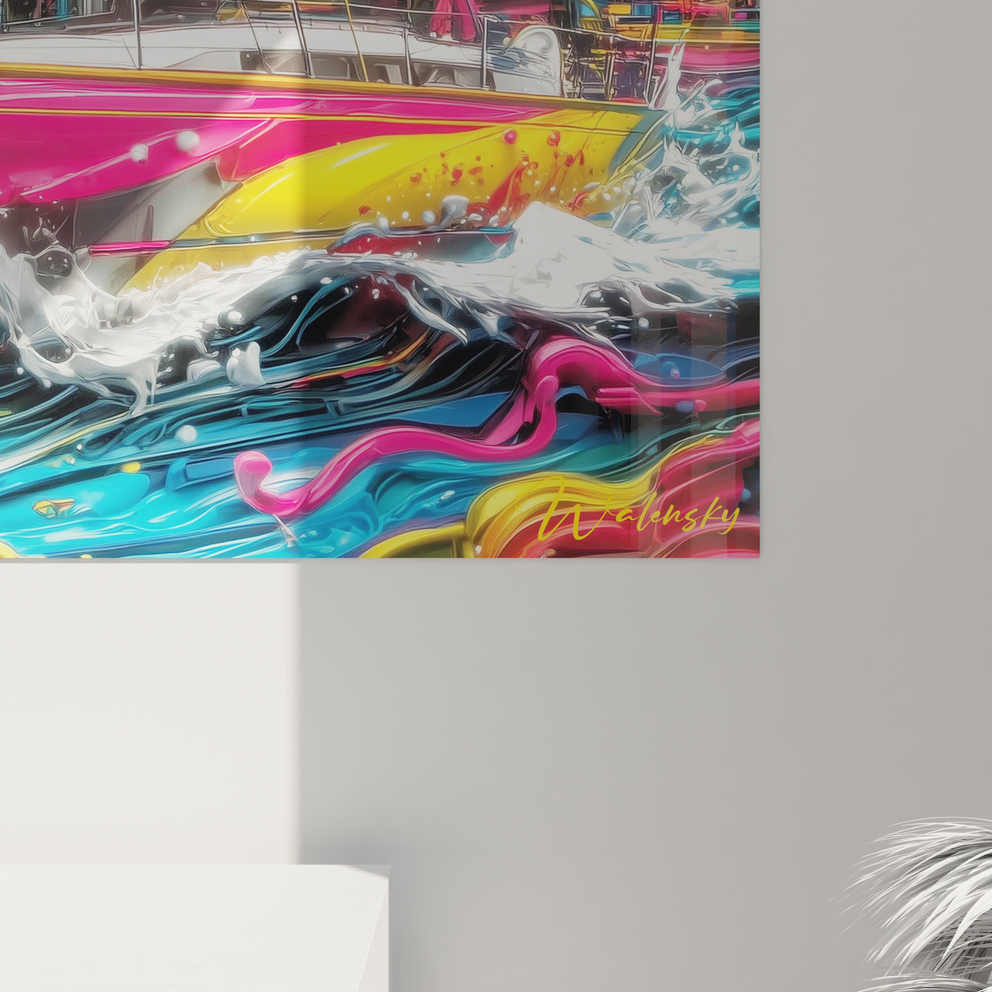 Vue ensemble tableau voilier multicolore format vertical pour décoration murale nautique