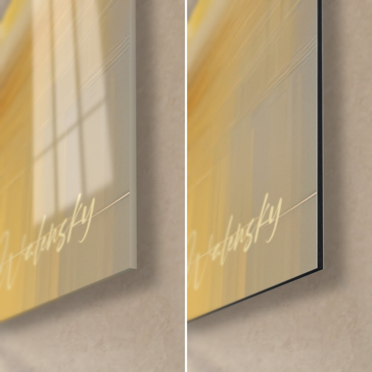Wall art golden ship at dusk, bottom right corner: glossy acrylic glass on the left, matte Dibond aluminium on the right, 3 mm edge