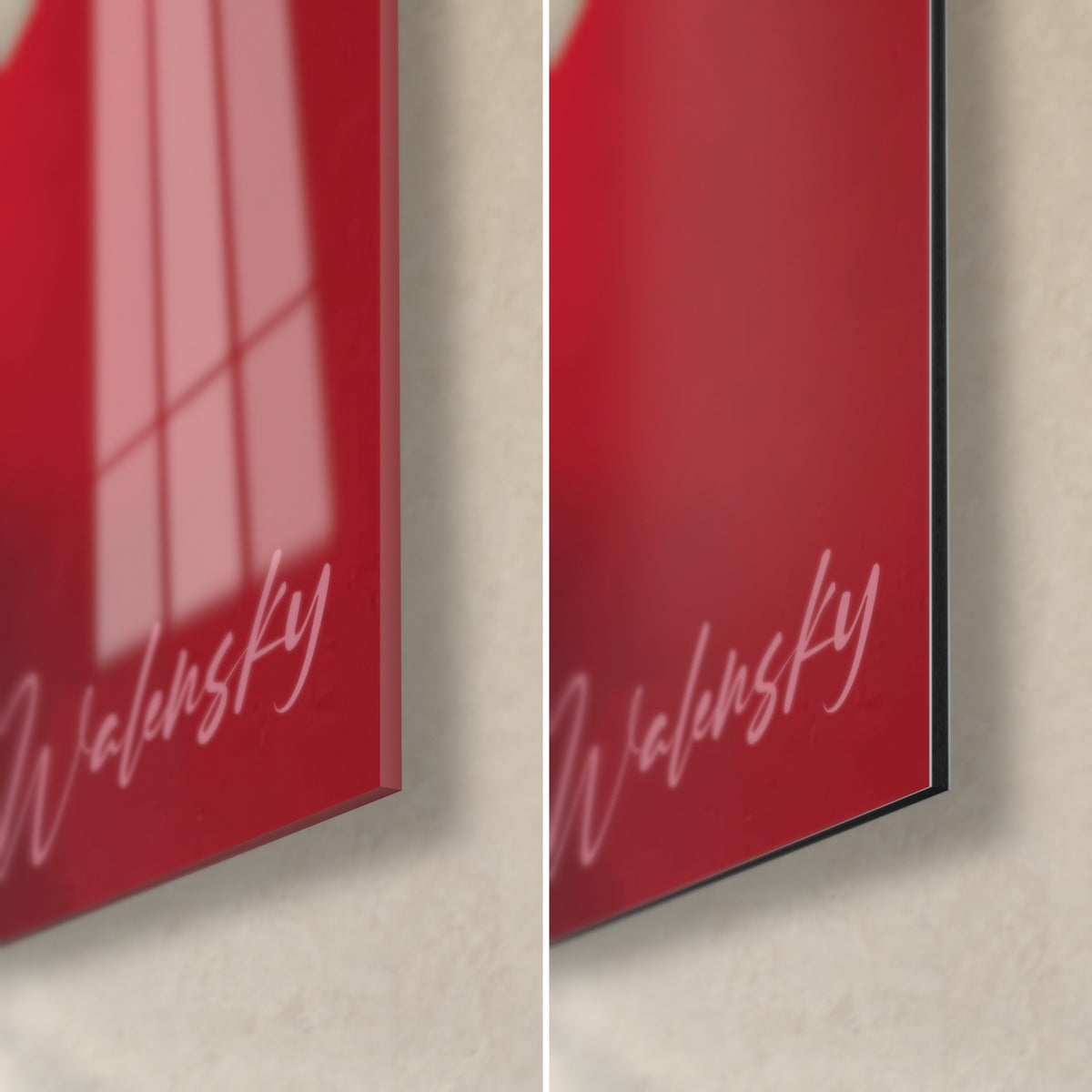 Wall art mountain of fire in flat carmine red and black blocks, bottom right corner, glossy glass and matte Dibond, 3 mm thickness