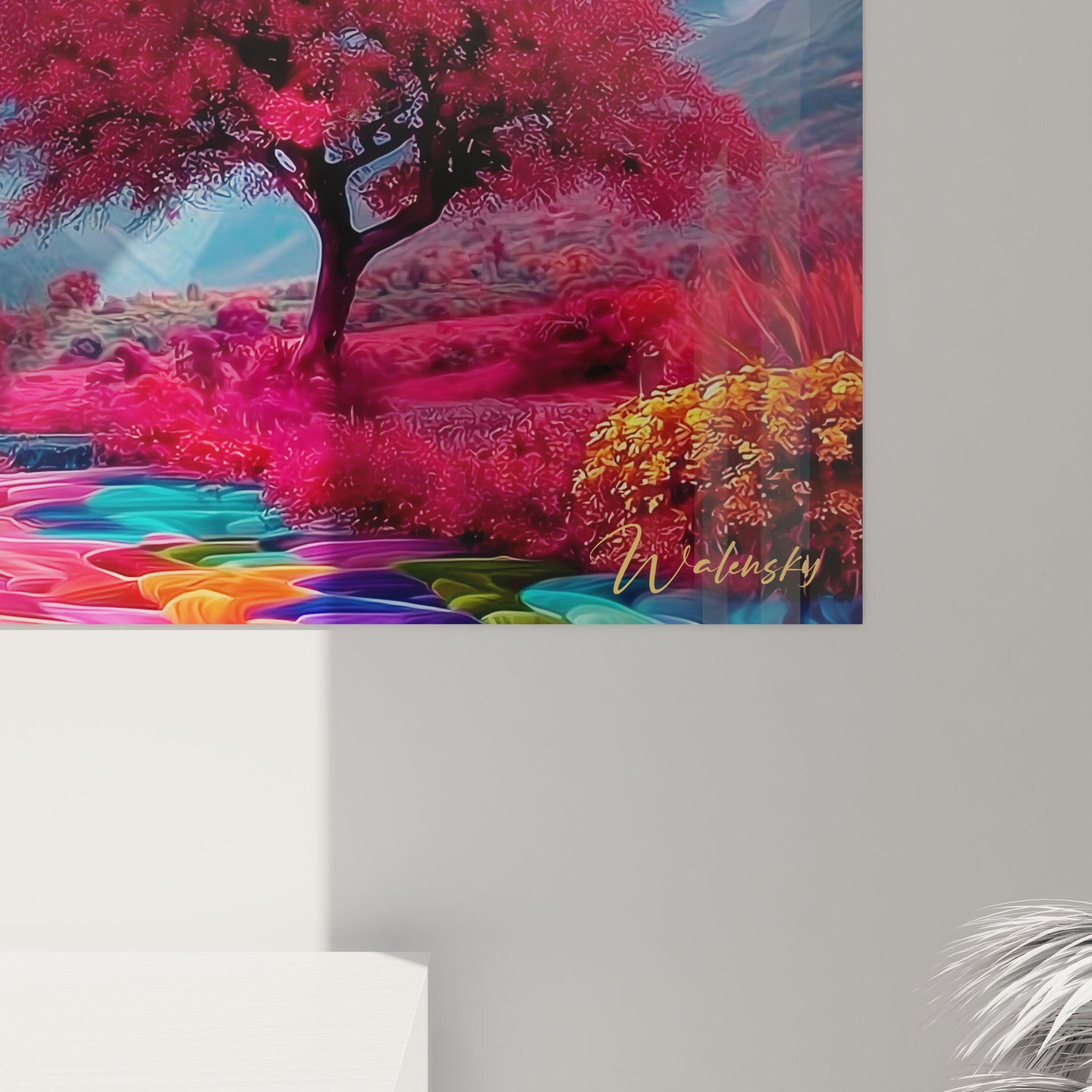 Gesamtansicht des surrealistischen farbenfrohen Vulkan-Gemäldes, modernes Wandkunst-Fantasy-Landschaft