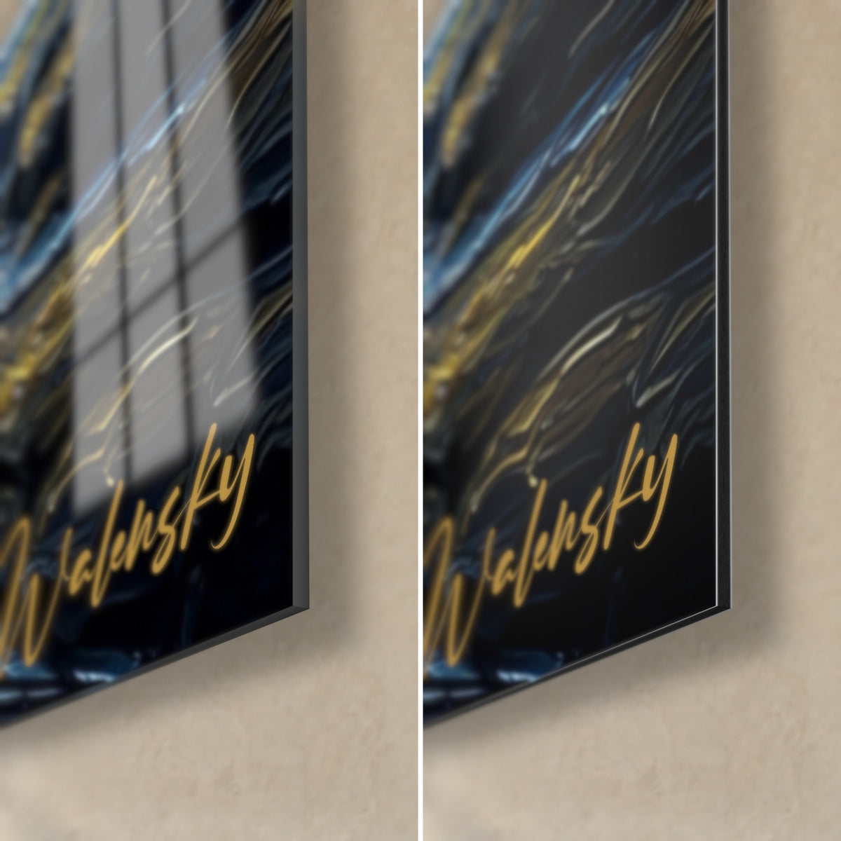Tableau éruption jaune vif, coin bas droit : verre acrylique brillant à gauche, alu Dibond mat à droite, tranche de 3 mm visible