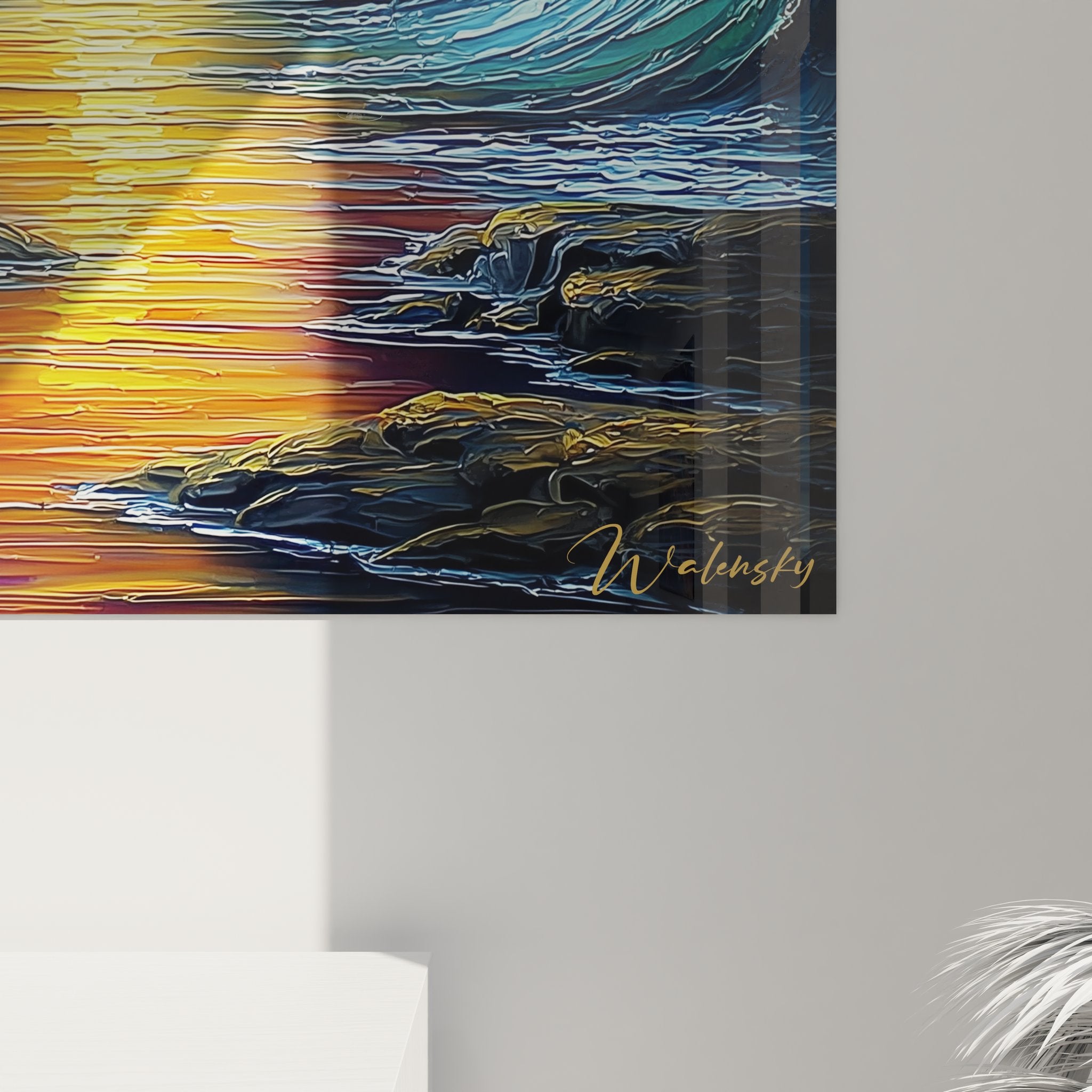 Vue ensemble tableau volcan éruption tropicale art mural moderne décoration intérieure