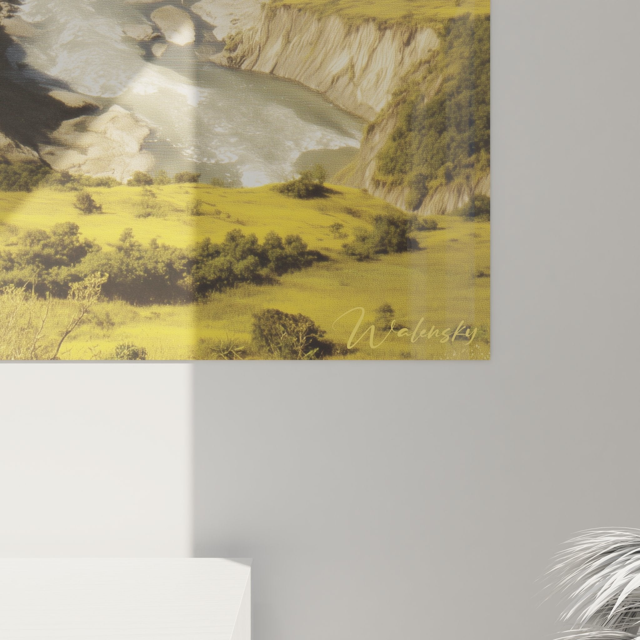 Vue ensemble tableau volcanique islandais cadre mural paysage complet volcan rivière prairie ciel