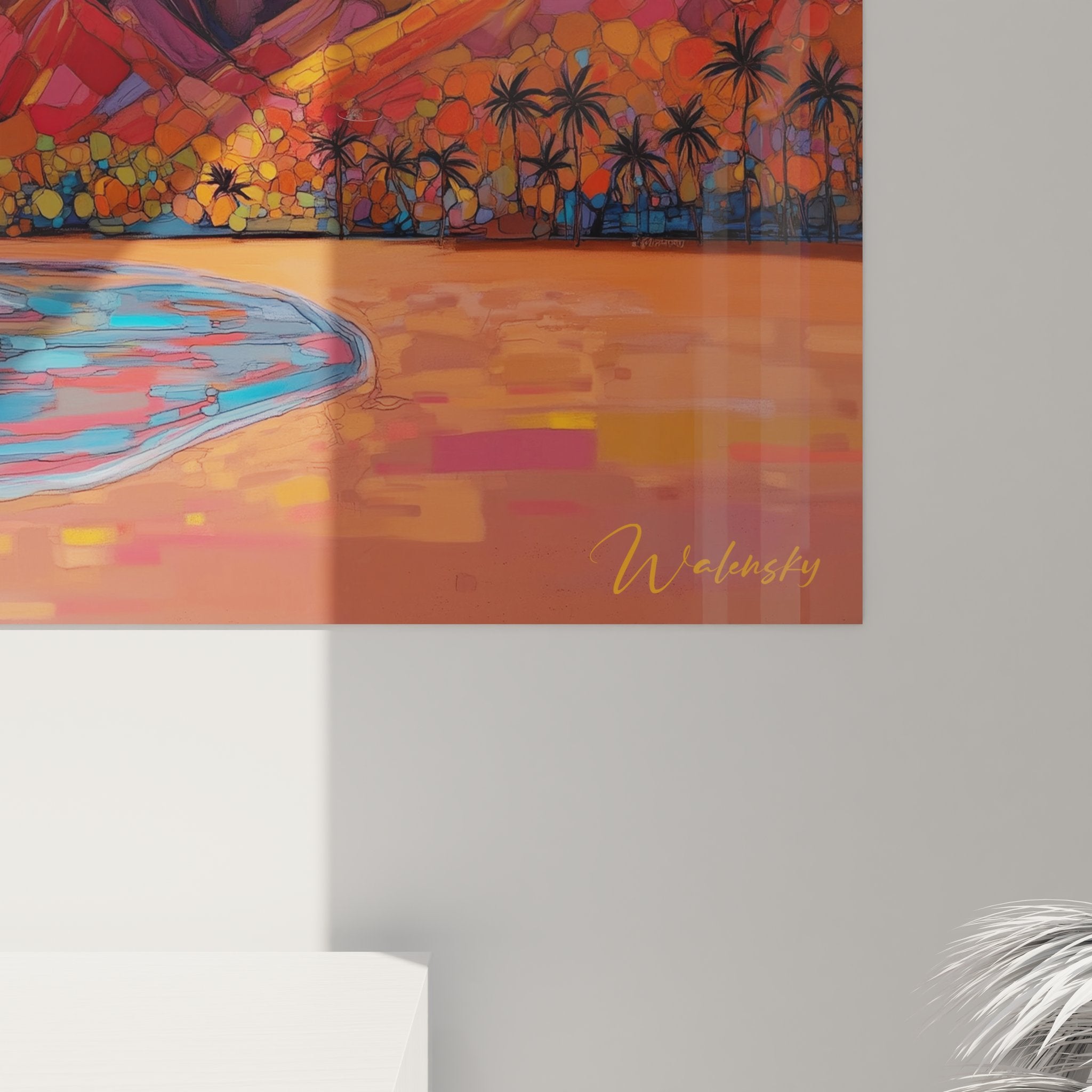 Vue d'ensemble tableau paysage volcanique tropical avec composition complète ciel océan falaises