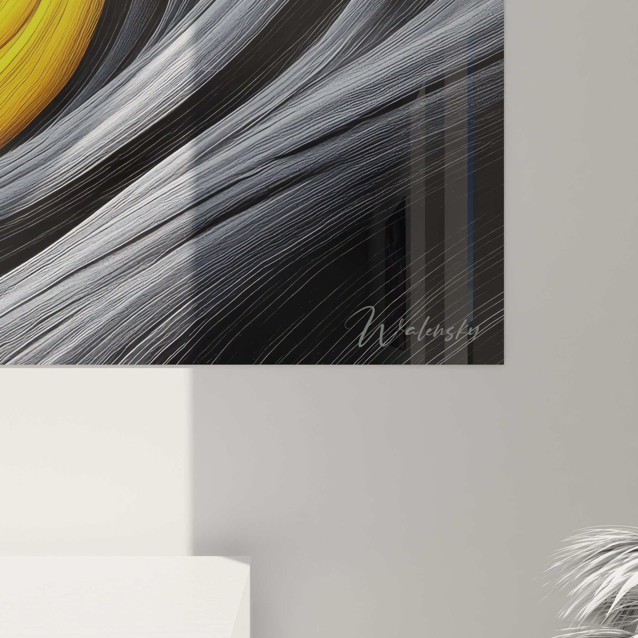 Vue d'ensemble tableau spirale vortex doré, composition complète art mural abstrait moderne