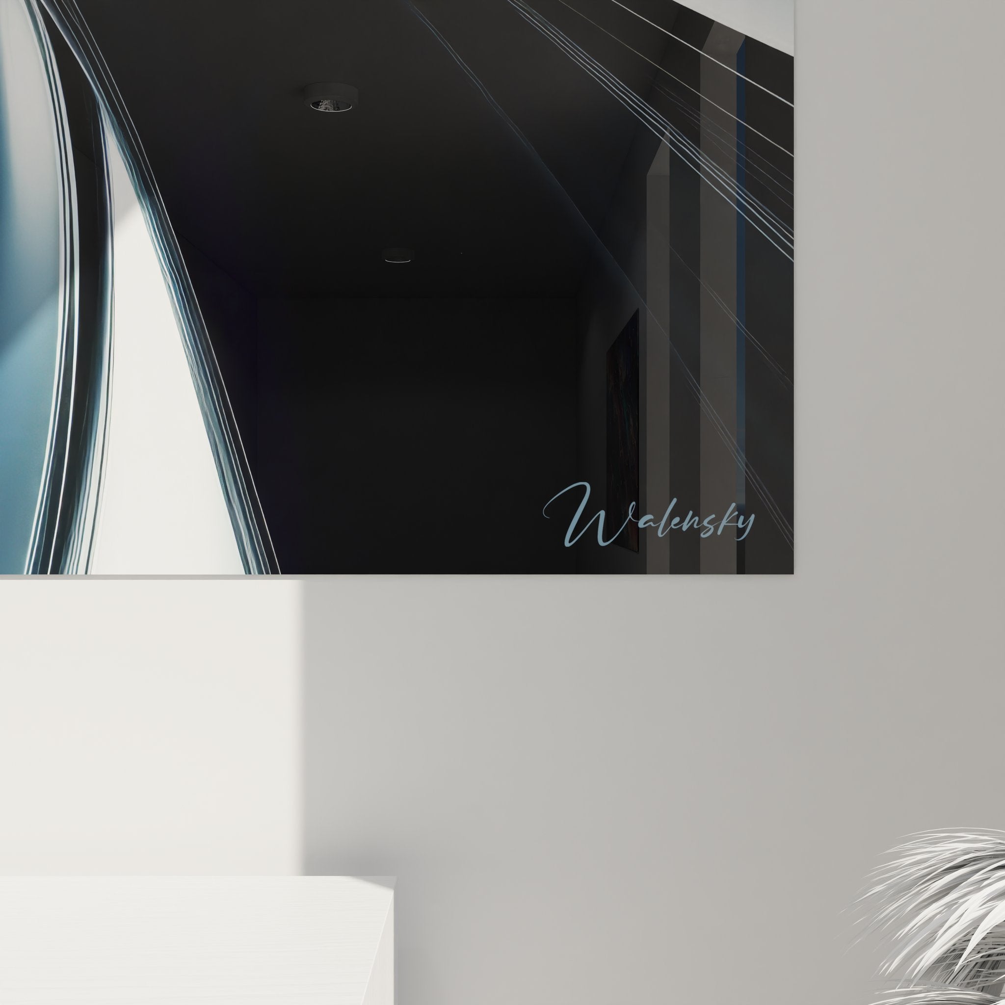 Vue ensemble tableau spirale vortex moderne aux tons bleus dans intérieur design contemporain